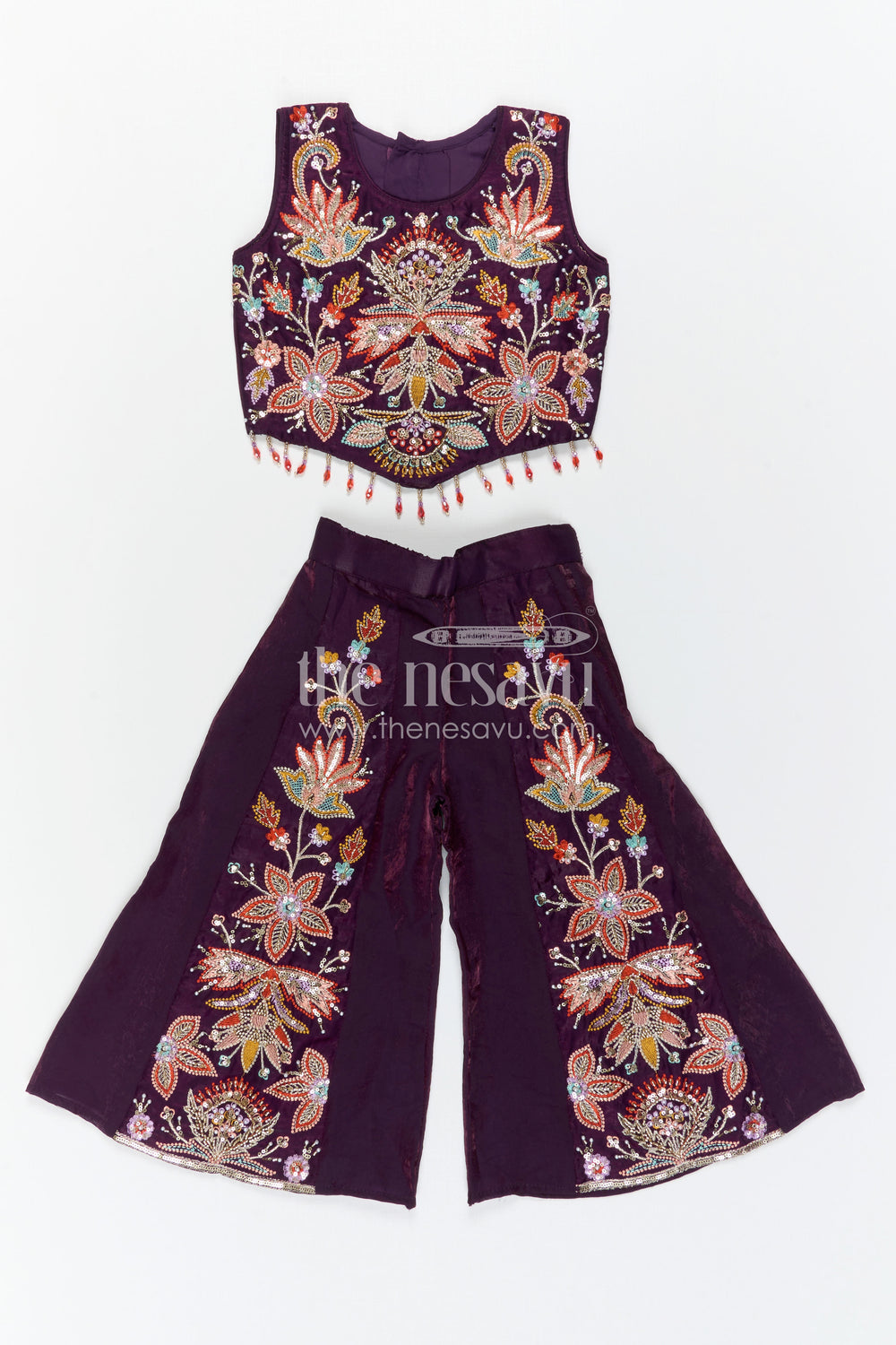 The Nesavu Girls Sharara / Plazo Set Girls Sharara Set for Diwali and Pongal Events Nesavu Nesavu girls organza sharara set with designer embroidery for weddings and festive occasions