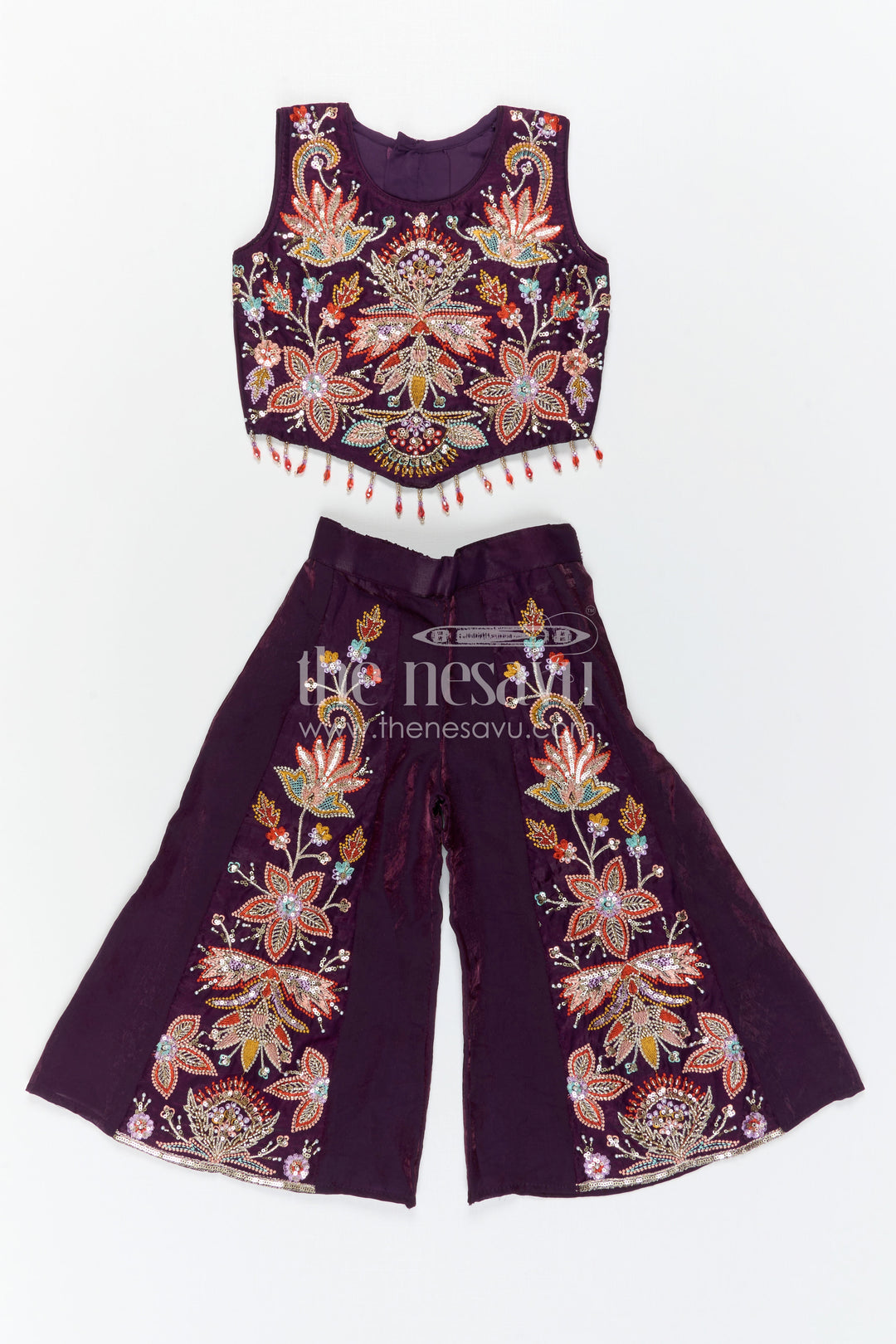 The Nesavu Girls Sharara / Plazo Set Girls Sharara Set for Diwali and Pongal Events Nesavu Nesavu girls organza sharara set with designer embroidery for weddings and festive occasions