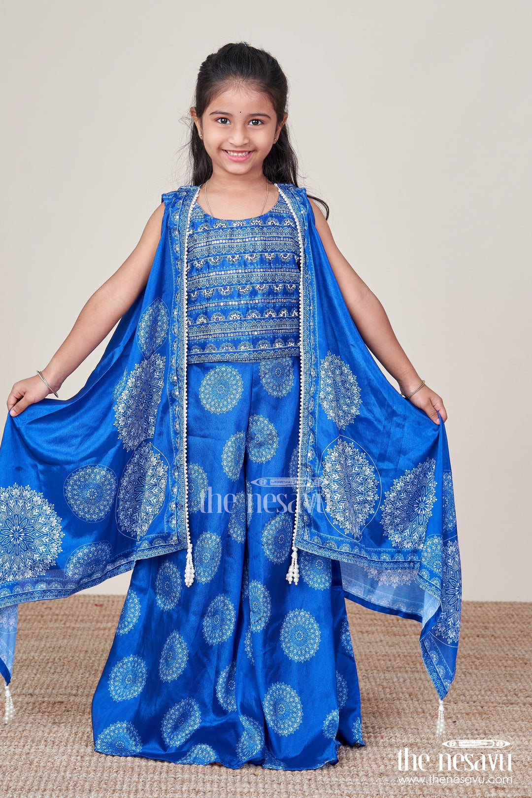 The Nesavu Girls Sharara / Plazo Set Girls Sharara Set for Ethnic School Days and Festive Performances Nesavu 24 (5Y) / Blue GPS885A-24 Nesavu girls sharara set viscose silk digital prints ethnic events functions
