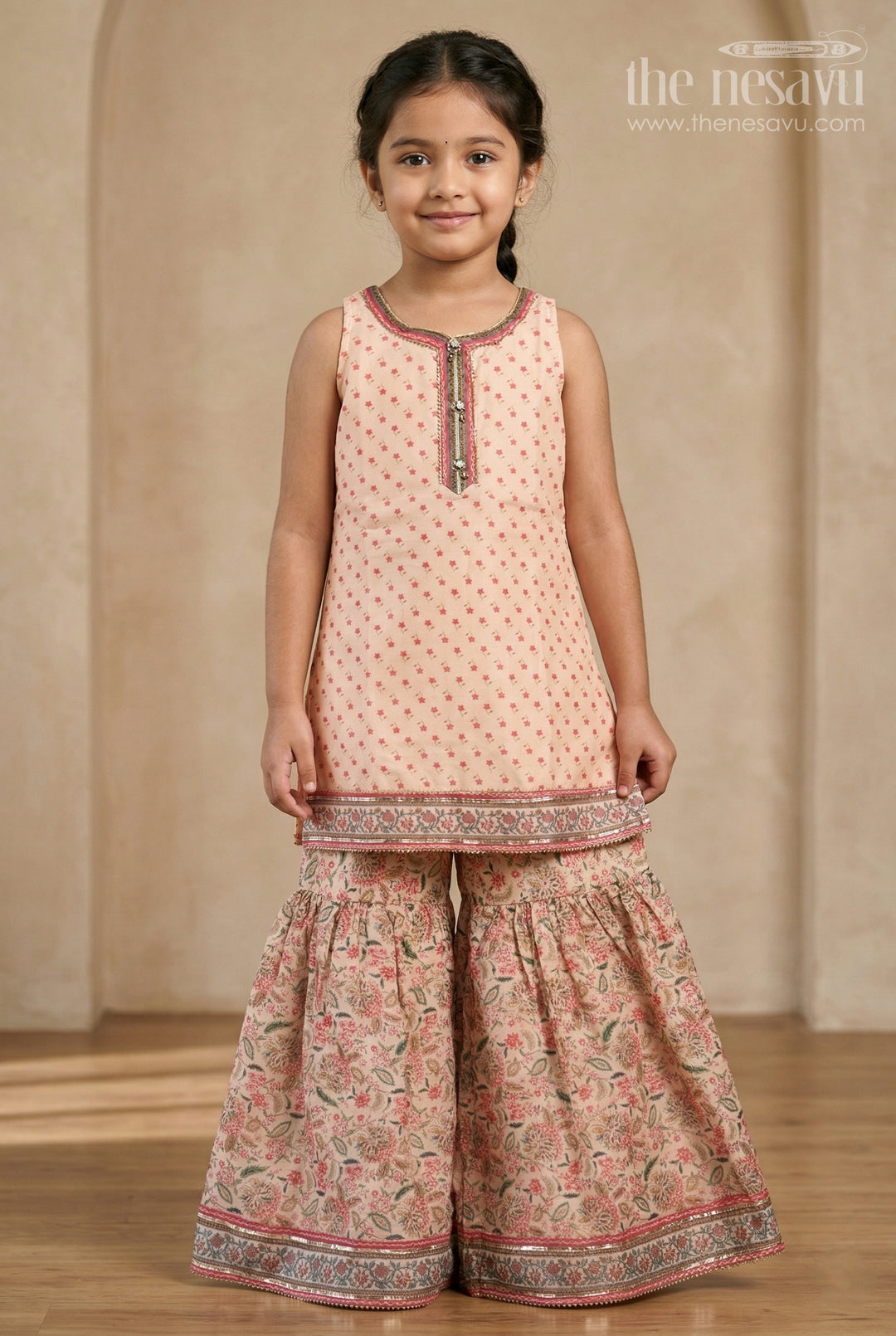 The Nesavu Girls Sharara / Plazo Set Girls Sharara Set for Family Gatherings and Festive Outings Nesavu 34 (10Y) / Peach / Georgette GPS1035A-34 Nesavu Girls Sharara Set For Festive Outings With Georgette Digital Print And Comfortable Flared Design
