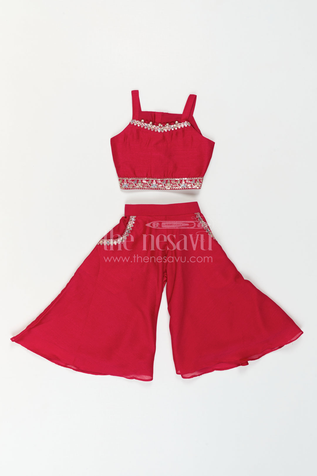 The Nesavu Girls Sharara / Plazo Set Girls Sharara Set for Festive Celebrations and Family Function Nesavu Nesavu Girls Sharara Set For Festive Celebrations And Family Functions With Embroidered Jacket And Sharara Pants