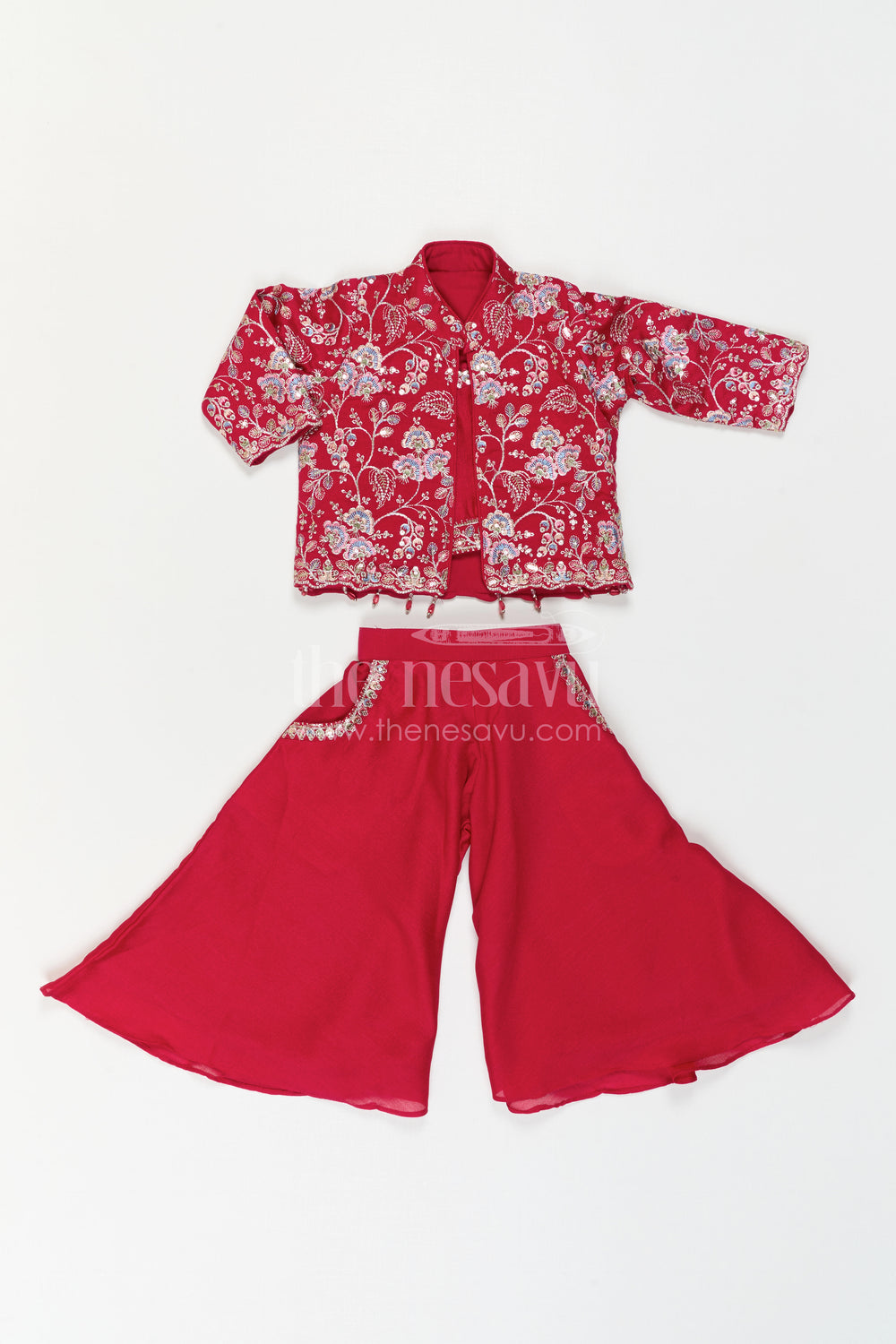 The Nesavu Girls Sharara / Plazo Set Girls Sharara Set for Festive Celebrations and Family Function Nesavu Nesavu Girls Sharara Set For Festive Celebrations And Family Functions With Embroidered Jacket And Sharara Pants