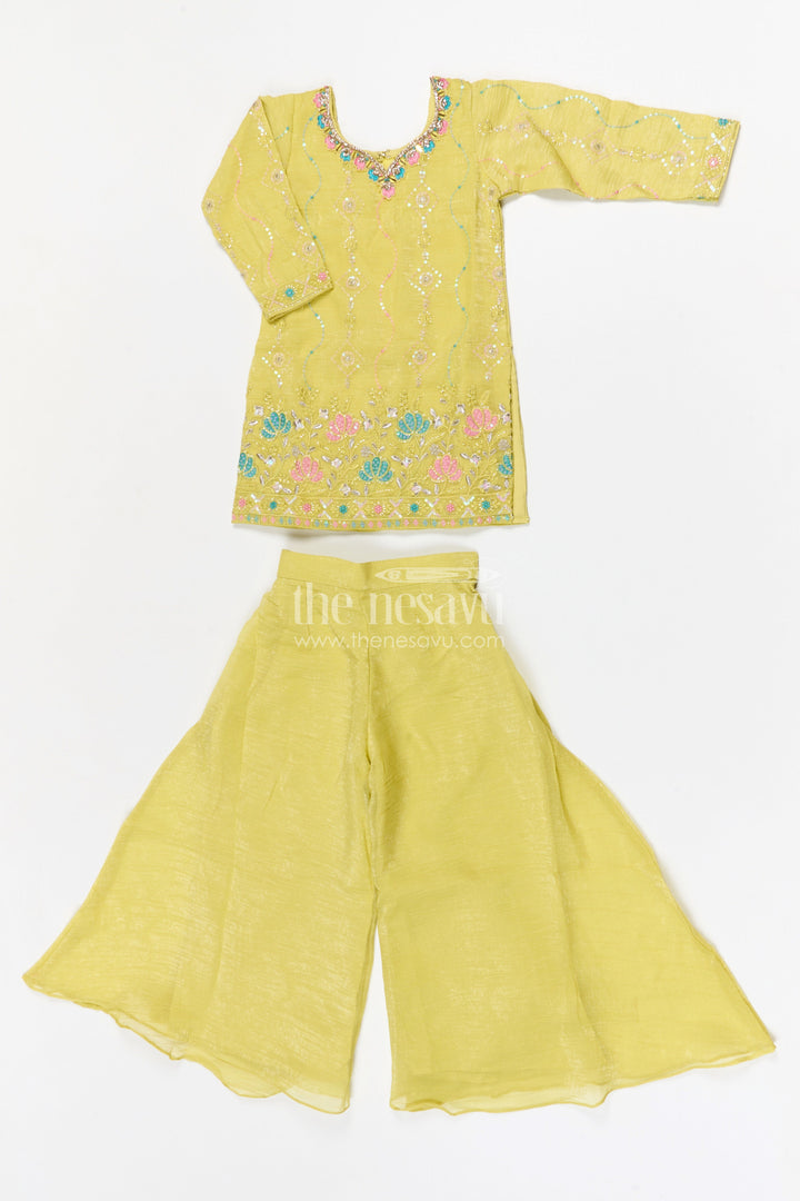 The Nesavu Girls Sharara / Plazo Set Girls Sharara Set for Festive Celebrations and Family Functions Nesavu 24 (5Y) / Yellow / Organza Tissue GPS975A-24 Nesavu girls tissue organza sharara set with embroidered yoke for festive wear