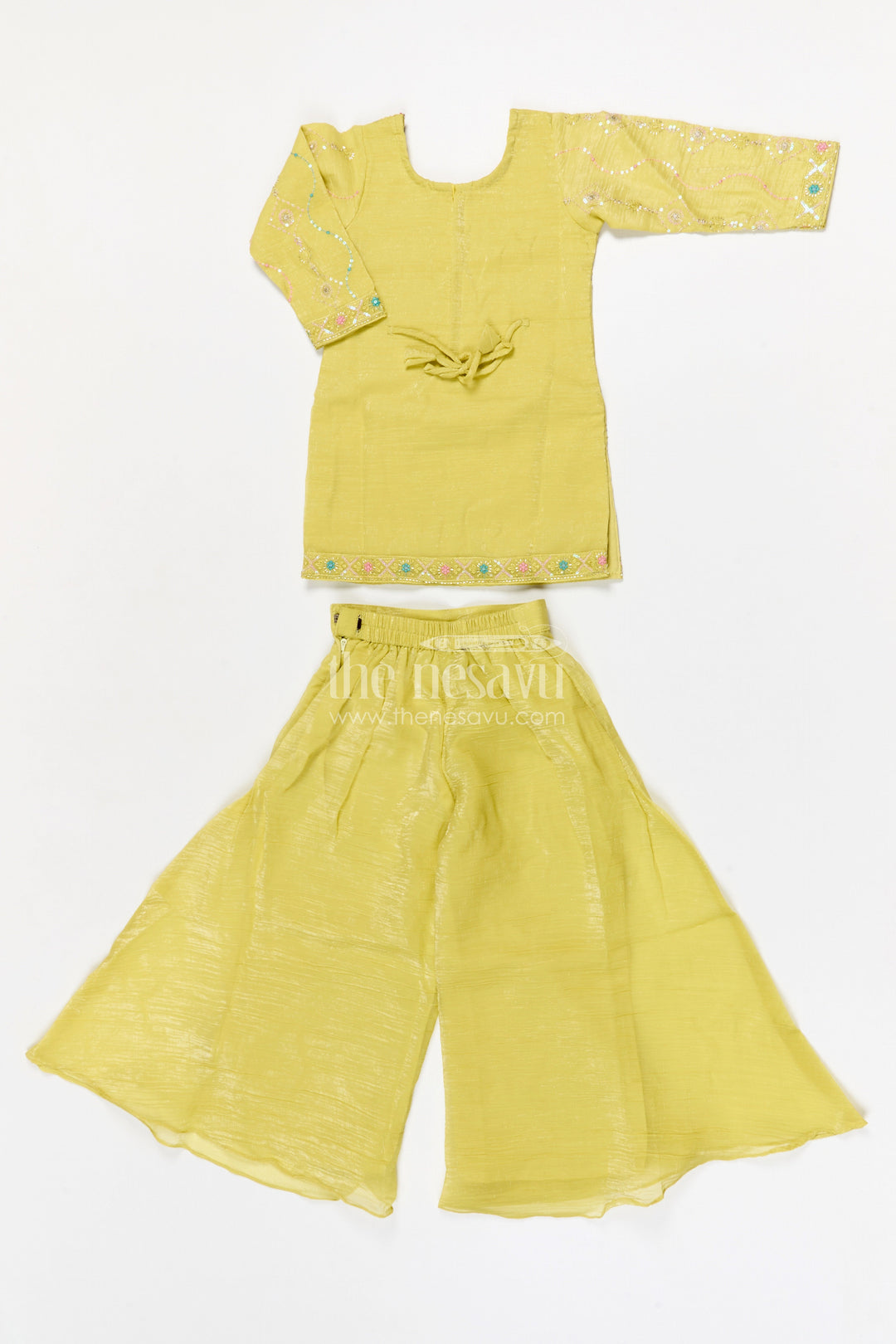 The Nesavu Girls Sharara / Plazo Set Girls Sharara Set for Festive Celebrations and Family Functions Nesavu Nesavu girls tissue organza sharara set with embroidered yoke for festive wear