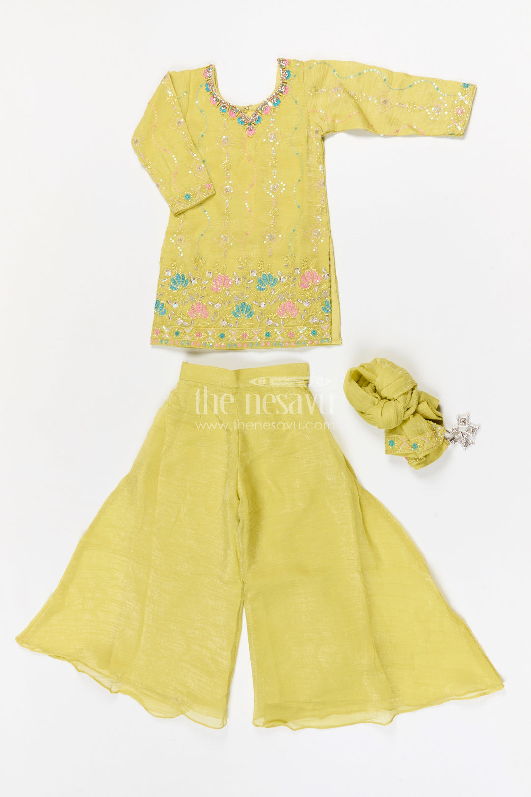 The Nesavu Girls Sharara / Plazo Set Girls Sharara Set for Festive Celebrations and Family Functions Nesavu Nesavu girls tissue organza sharara set with embroidered yoke for festive wear