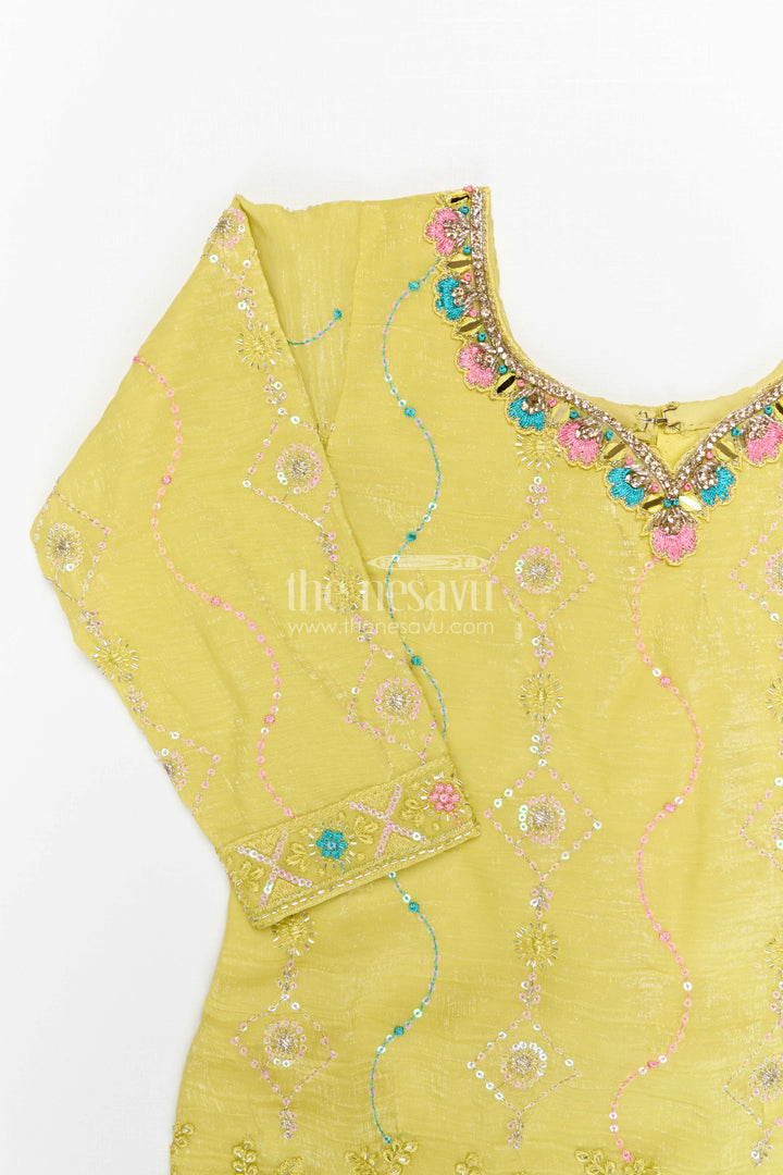 The Nesavu Girls Sharara / Plazo Set Girls Sharara Set for Festive Celebrations and Family Functions Nesavu Nesavu girls tissue organza sharara set with embroidered yoke for festive wear