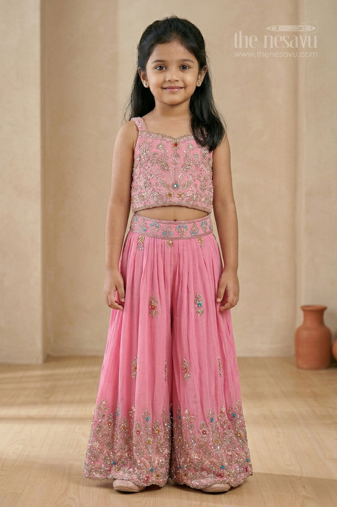 The Nesavu Girls Sharara / Plazo Set Girls Sharara Set for Festive Celebrations and Family Weddings Nesavu 18 (2Y) / Pink / Georgette GPS996A-18 Nesavu girls sharara set for weddings and festive celebrations georgette outfit with designer yoke