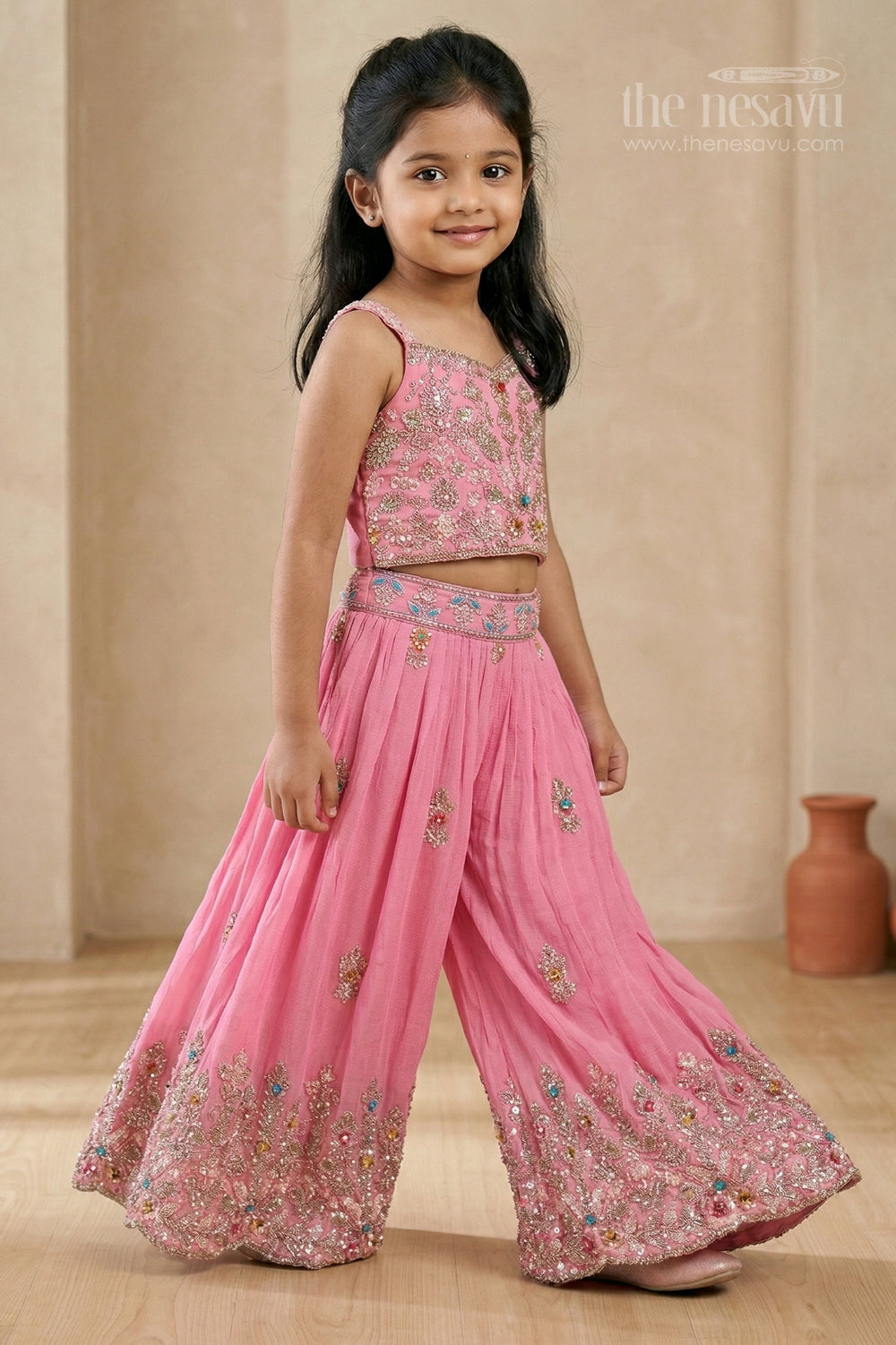 The Nesavu Girls Sharara / Plazo Set Girls Sharara Set for Festive Celebrations and Family Weddings Nesavu Nesavu girls sharara set for weddings and festive celebrations georgette outfit with designer yoke