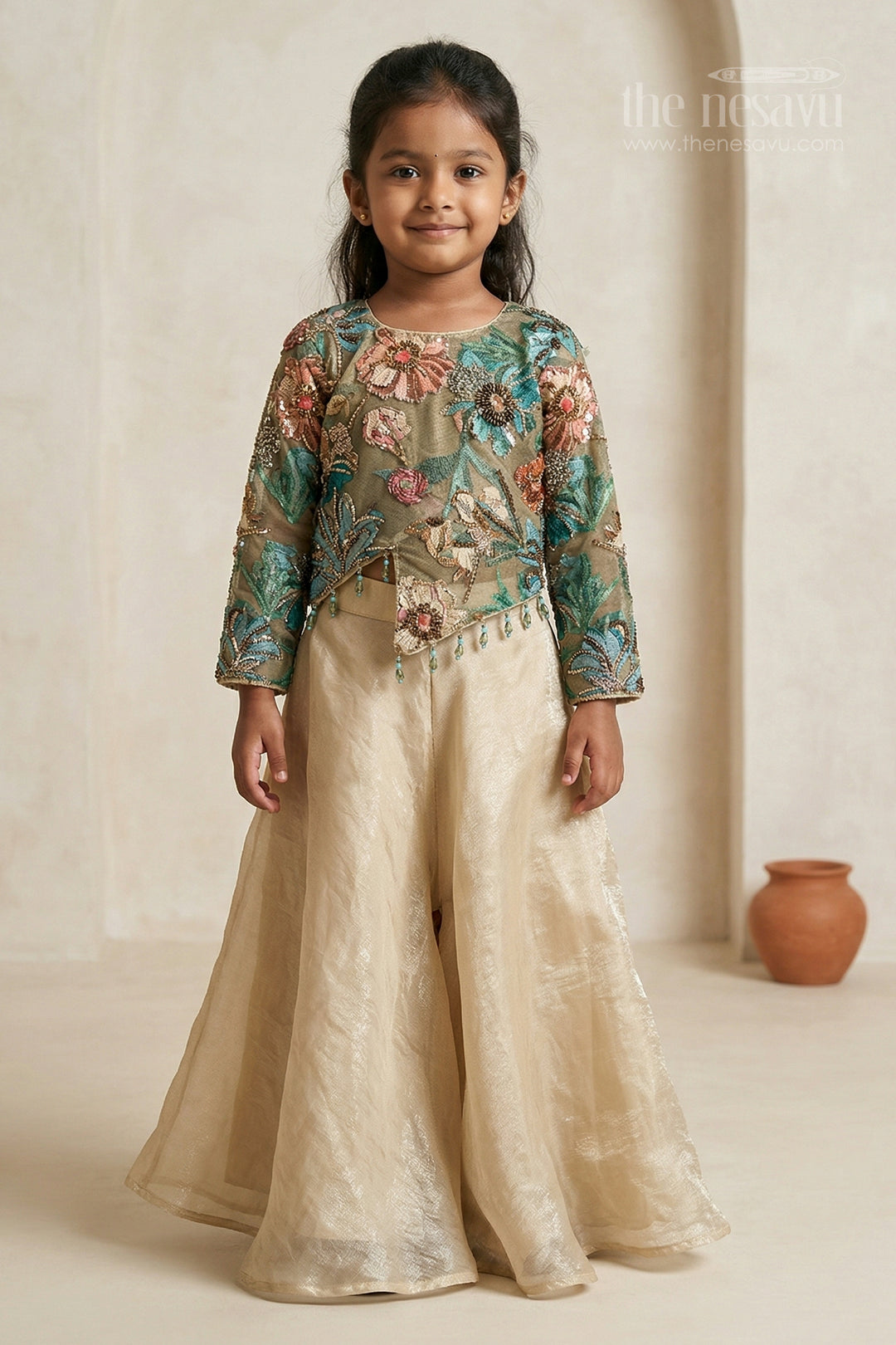 The Nesavu Girls Sharara / Plazo Set Girls Sharara Set for Festive Celebrations and Party Celebrations Nesavu 16 (1Y) / Green / Organza Tissue GPS999A-16 Nesavu girls sharara set for festive celebrations and weddings with embroidered designer yoke