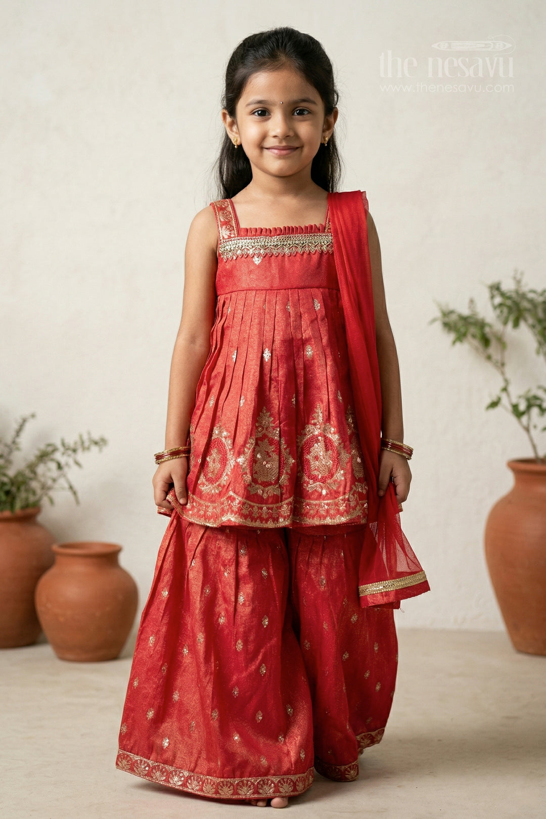 The Nesavu Girls Sharara / Plazo Set Girls Sharara Set for Festive Celebrations and Traditional Family Functions Nesavu 18 (2Y) / Red / Viscose Silk GPS1005A-18 Nesavu girls viscose silk sharara set with designer embroidery for festive and wedding celebrations
