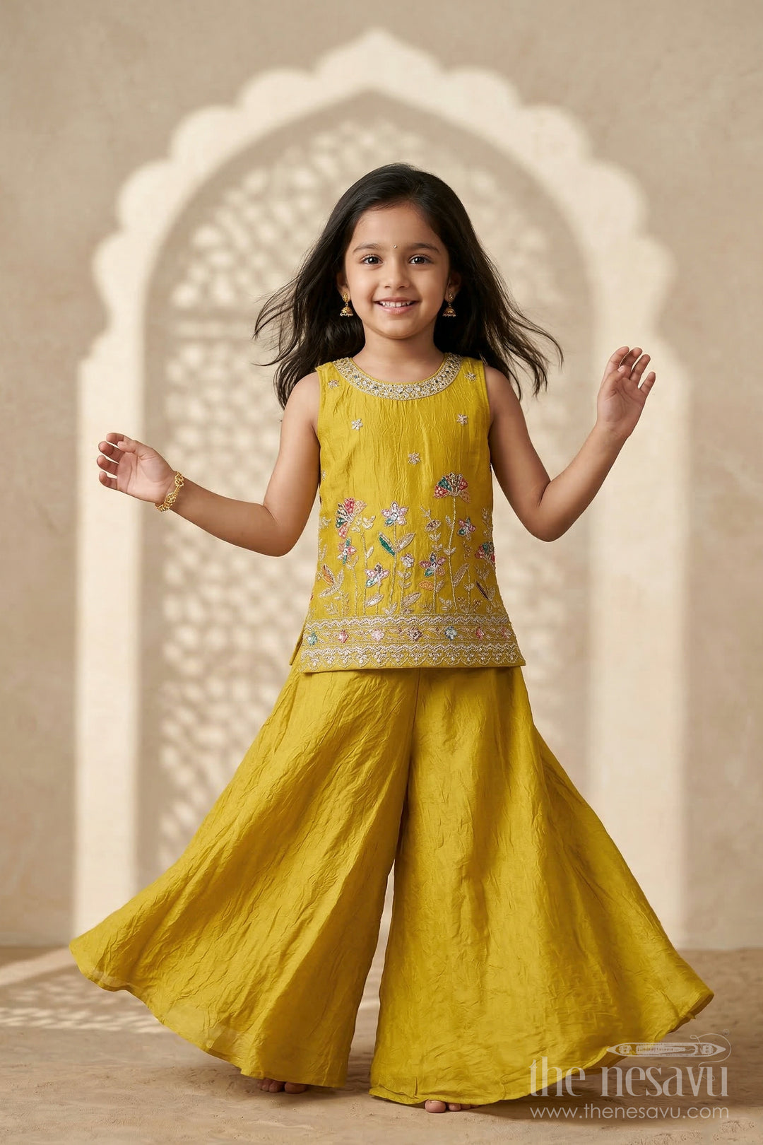 The Nesavu Girls Sharara / Plazo Set Girls Sharara Set for Festive Celebrations and Wedding Functions Nesavu 18 (2Y) / Yellow / Georgette GPS980A-18 Nesavu girls crushed georgette sharara set for weddings and festive celebrations with designer yoke