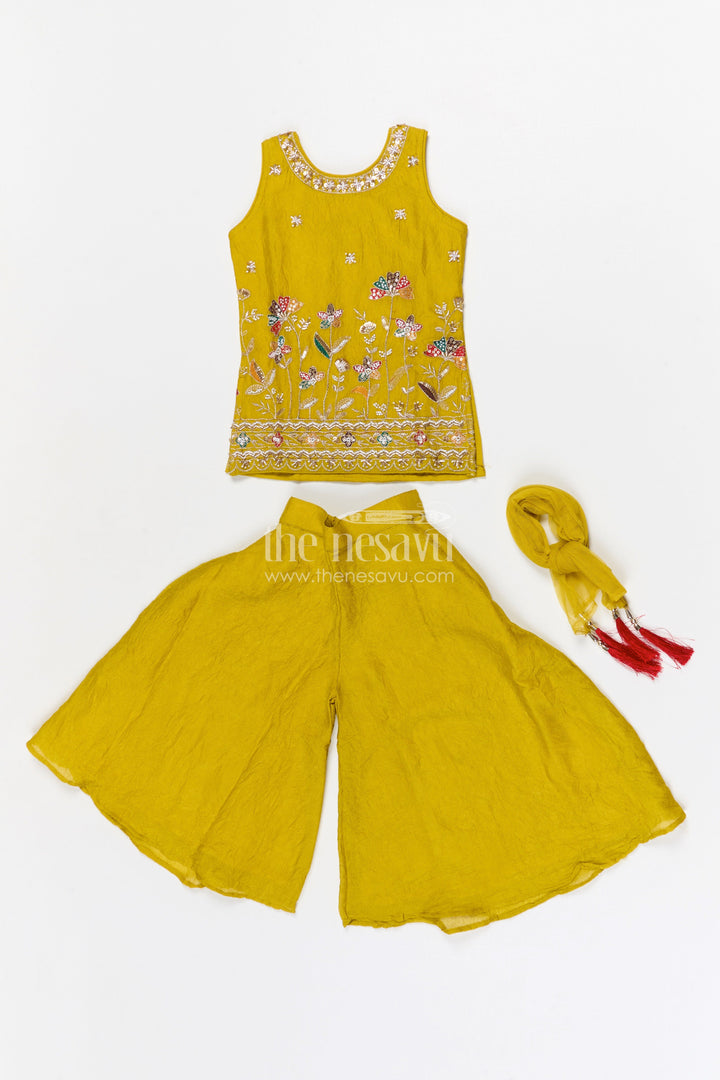 The Nesavu Girls Sharara / Plazo Set Girls Sharara Set for Festive Celebrations and Wedding Functions Nesavu Nesavu girls crushed georgette sharara set for weddings and festive celebrations with designer yoke