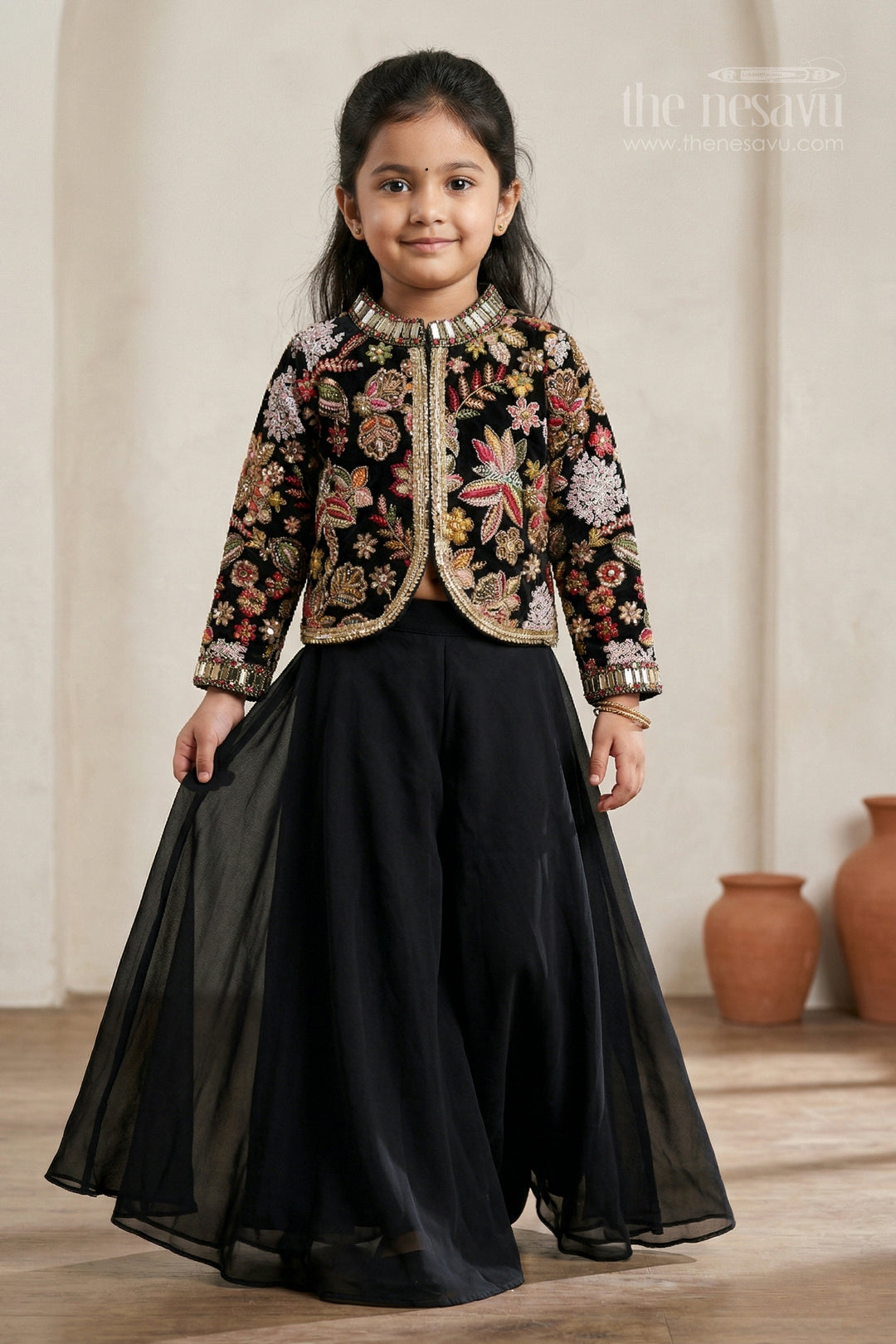 The Nesavu Girls Sharara / Plazo Set Girls Sharara Set for Festive Celebrations and Wedding Occasions Nesavu 22 (4Y) / Black / Georgette GPS1004A-22 Nesavu girls georgette sharara set with designer embroidery jacket for festive and wedding occasions