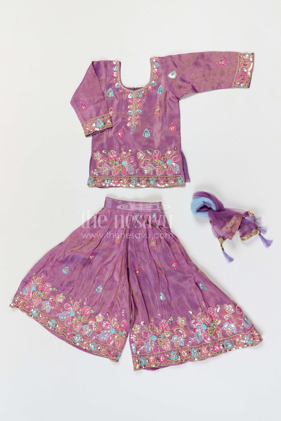 The Nesavu Girls Sharara / Plazo Set Girls Sharara Set for Festive Celebrations and Wedding Wear Nesavu Nesavu girls viscose silk sharara set with designer embroidery for weddings and festive celebrations