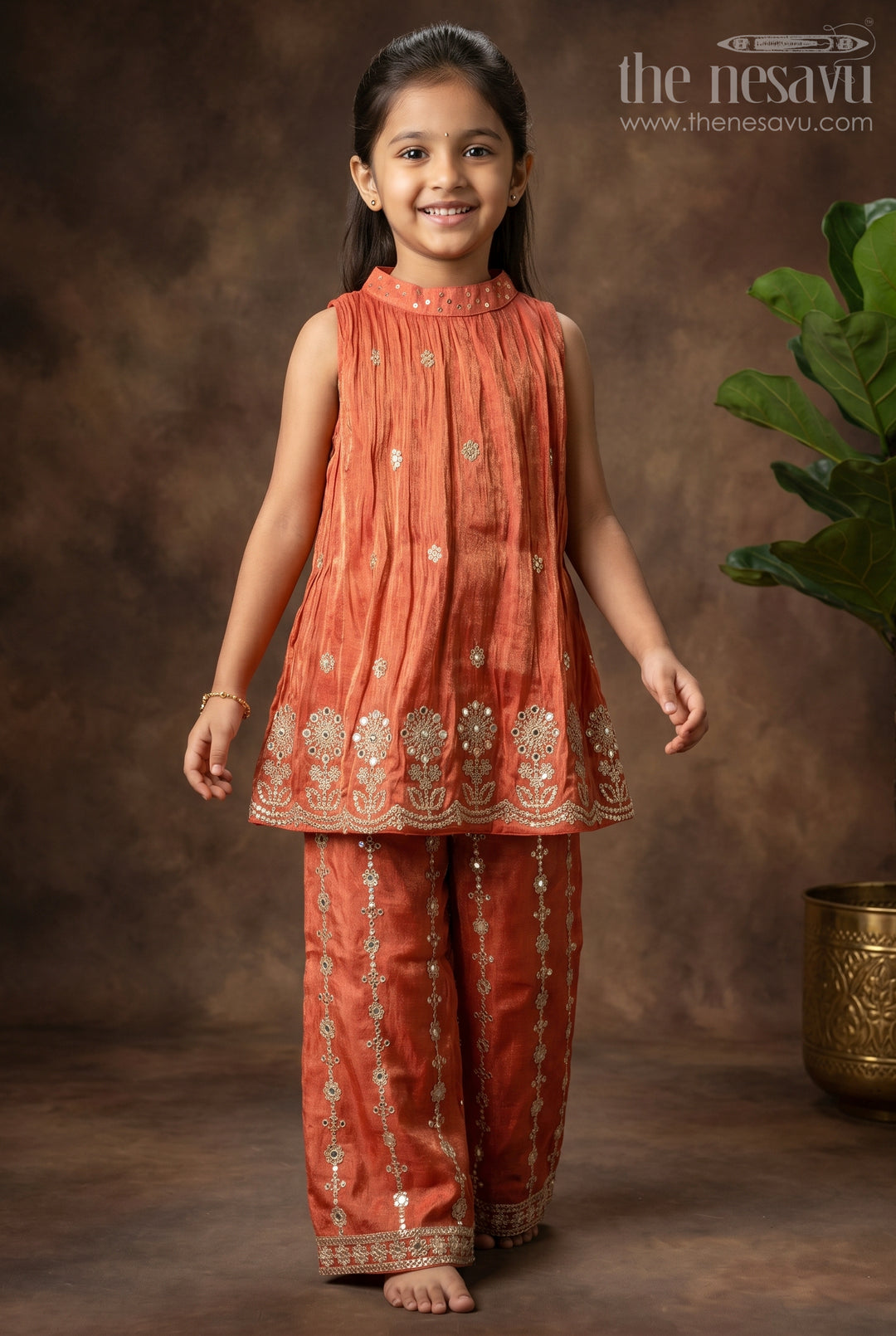 The Nesavu Girls Sharara / Plazo Set Girls Sharara Set for Festive Celebrations and Weddings Nesavu 16 (1Y) / Orange / Viscose GPS1067A-16 Nesavu Girls Sharara Set With Designer Embroidery And Dupatta For Festive Celebrations