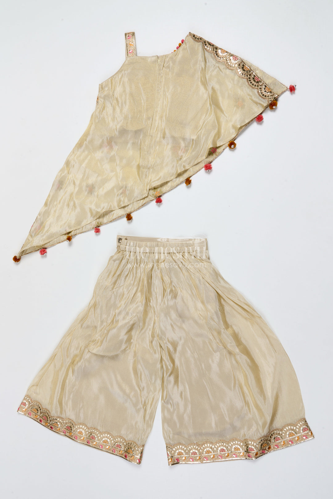 The Nesavu Girls Sharara / Plazo Set Girls Sharara Set for Festive Events and Family Functions Nesavu Nesavu cream girls sharara set tissue silk thread embroidery festive wear