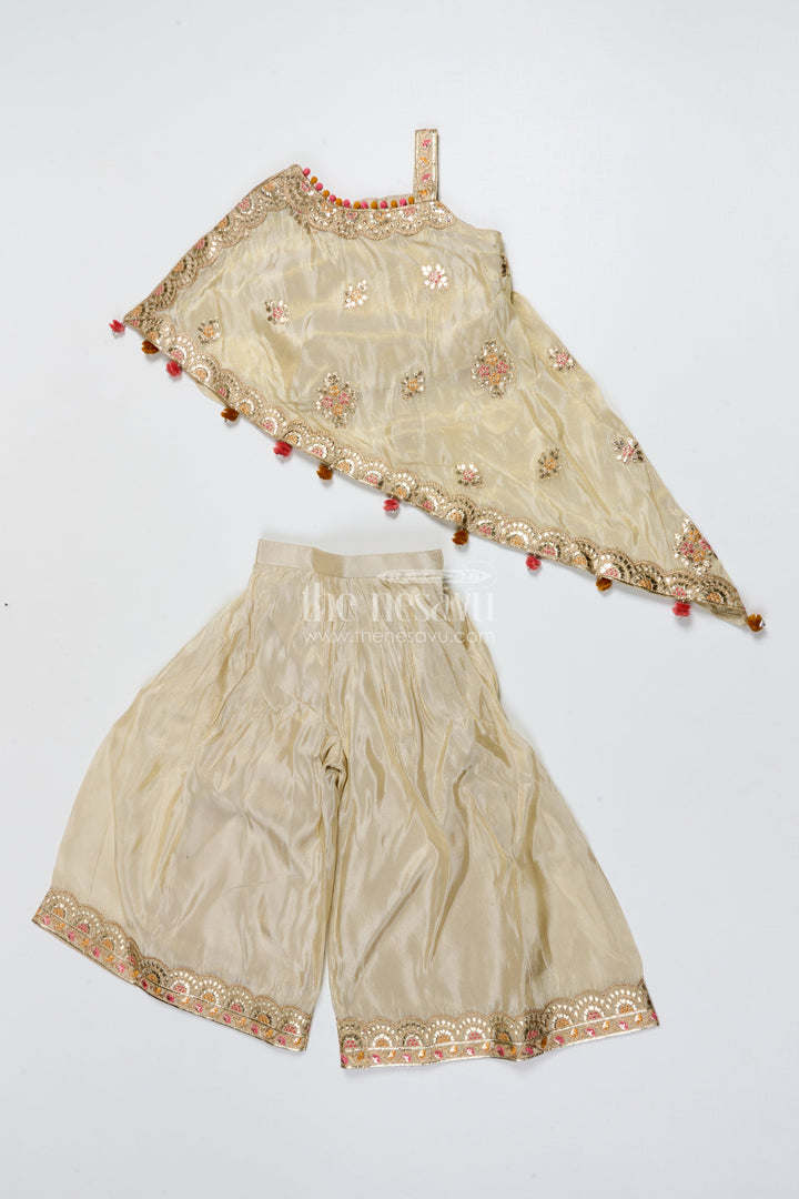 The Nesavu Girls Sharara / Plazo Set Girls Sharara Set for Festive Events and Family Functions Nesavu Nesavu cream girls sharara set tissue silk thread embroidery festive wear