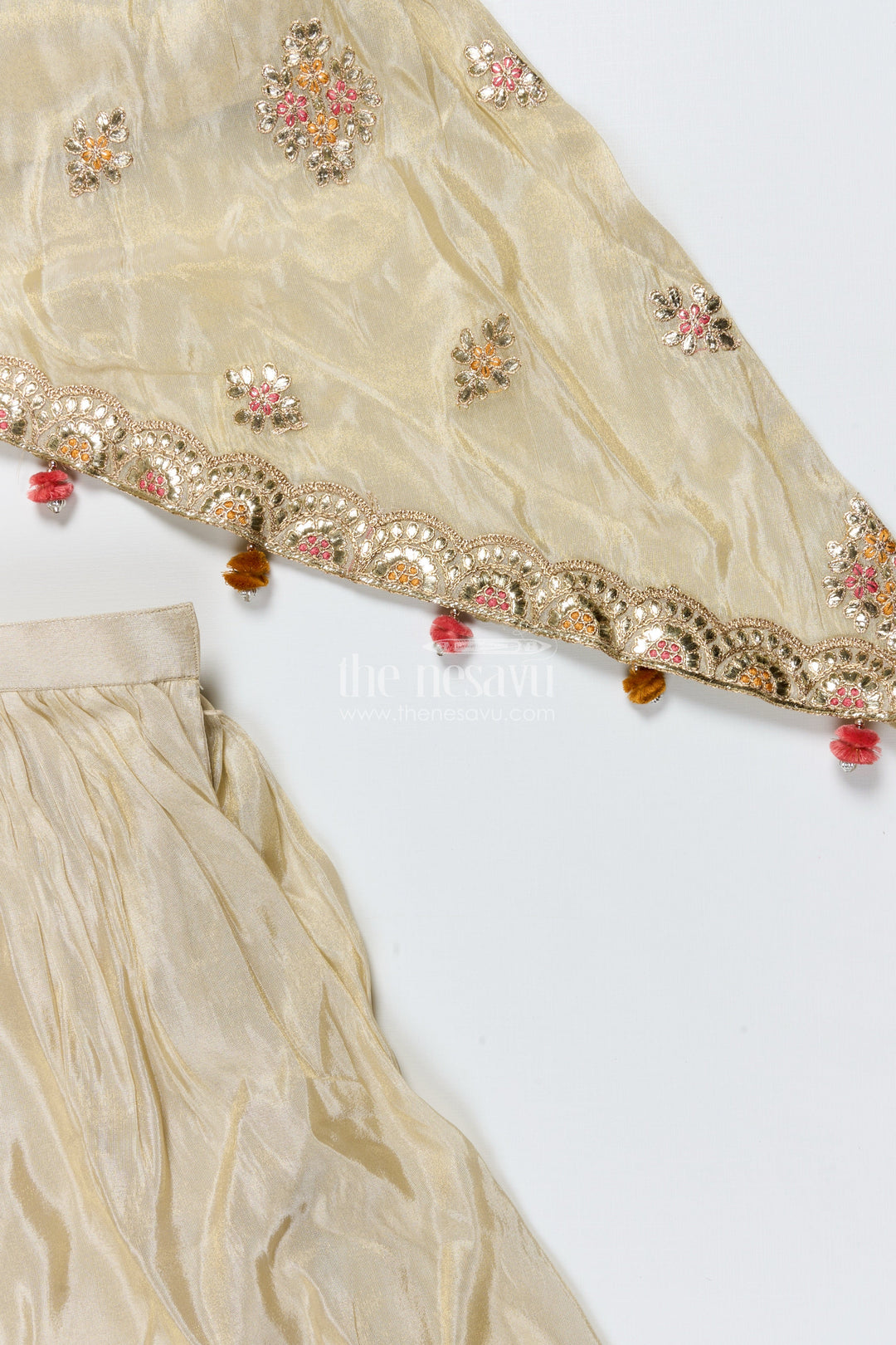 The Nesavu Girls Sharara / Plazo Set Girls Sharara Set for Festive Events and Family Functions Nesavu Nesavu cream girls sharara set tissue silk thread embroidery festive wear