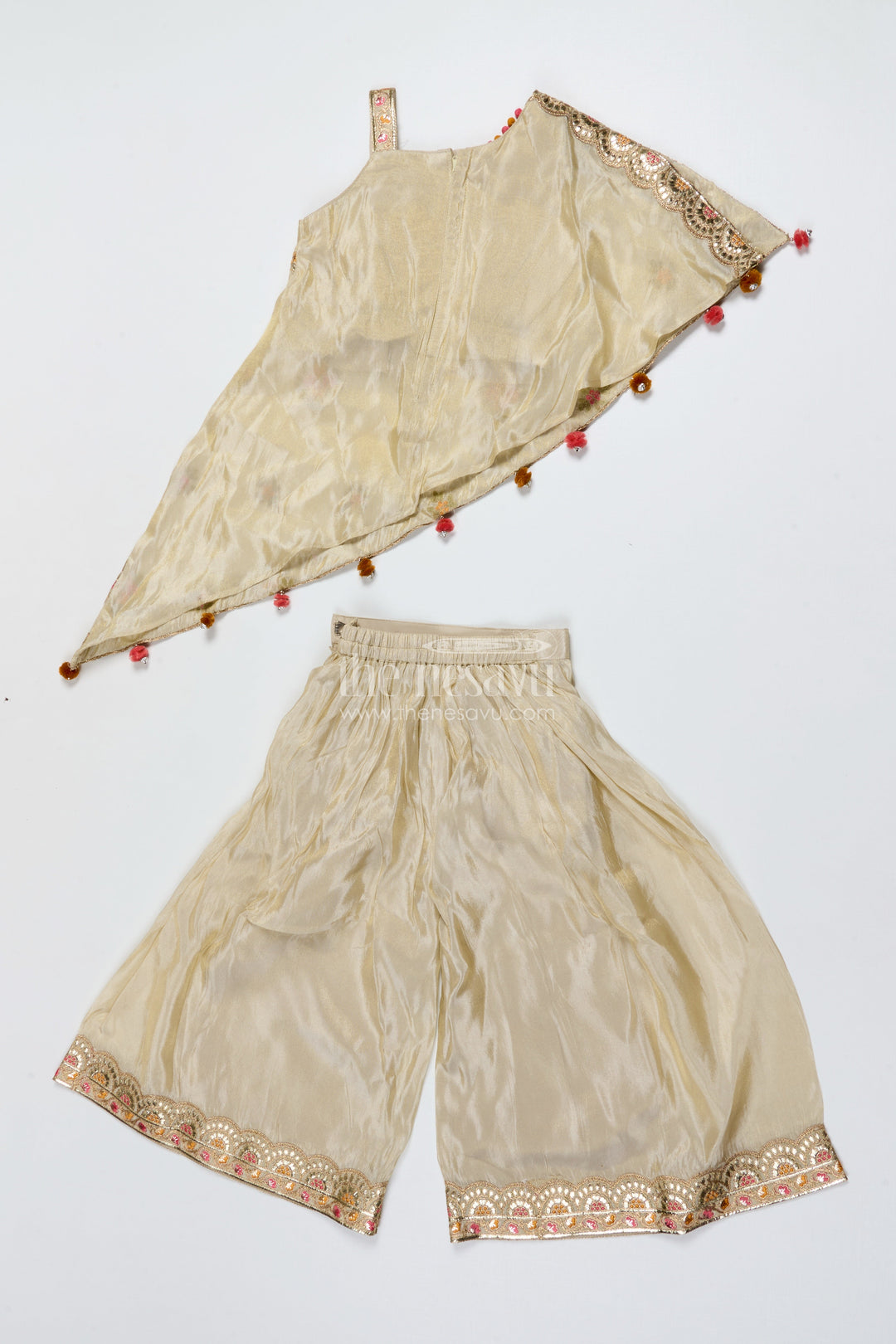 The Nesavu Girls Sharara / Plazo Set Girls Sharara Set for Festive Events and Family Functions Nesavu Nesavu cream girls sharara set tissue silk thread embroidery festive wear