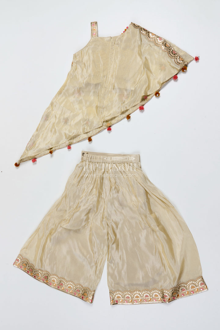 The Nesavu Girls Sharara / Plazo Set Girls Sharara Set for Festive Events and Family Functions Nesavu Nesavu cream girls sharara set tissue silk thread embroidery festive wear