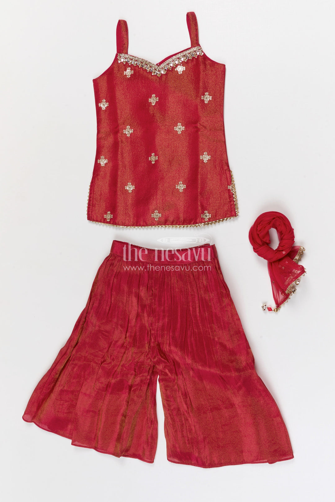 The Nesavu Girls Sharara / Plazo Set Girls Sharara Set for Festive Functions and Celebrations Nesavu Nesavu Girls Viscose Silk Sharara Set With Sequence Embroidery For Festive Weddings And Celebrations