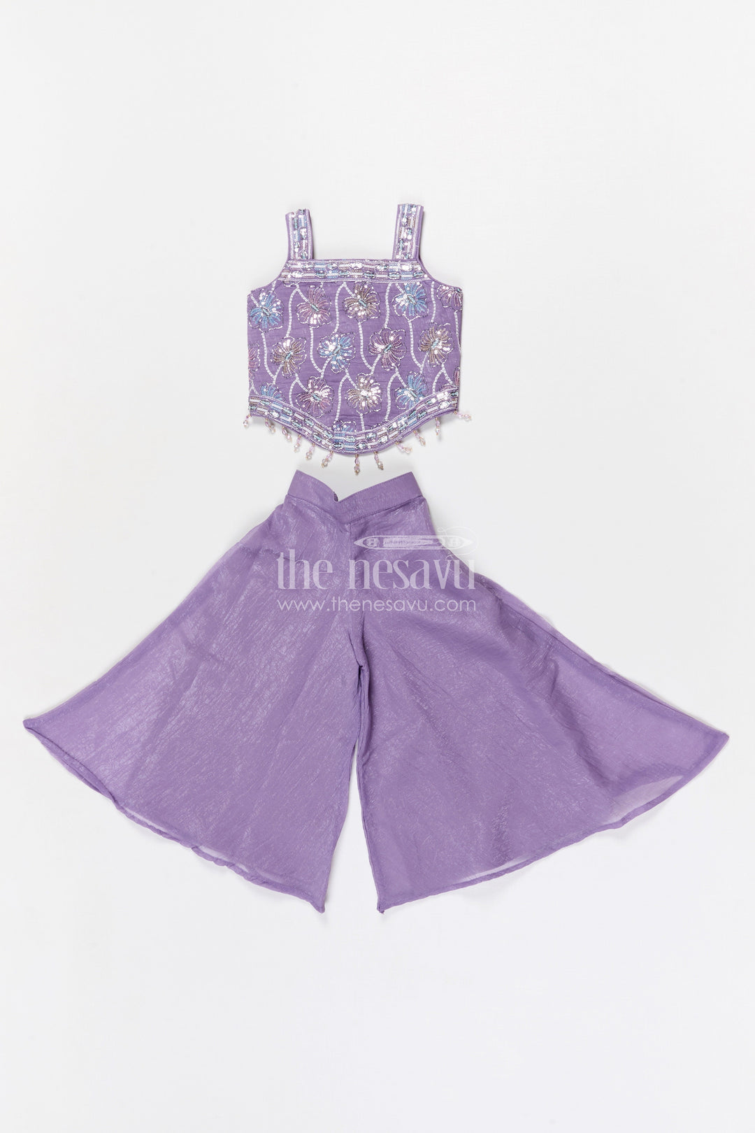 The Nesavu Girls Sharara / Plazo Set Girls Sharara Set for Festive Functions and Family Gatherings Nesavu 18 (2Y) / Purple / Organza Tissue GPS972A-18 Nesavu girls tissue organza sharara set with designer embroidery for festive wear