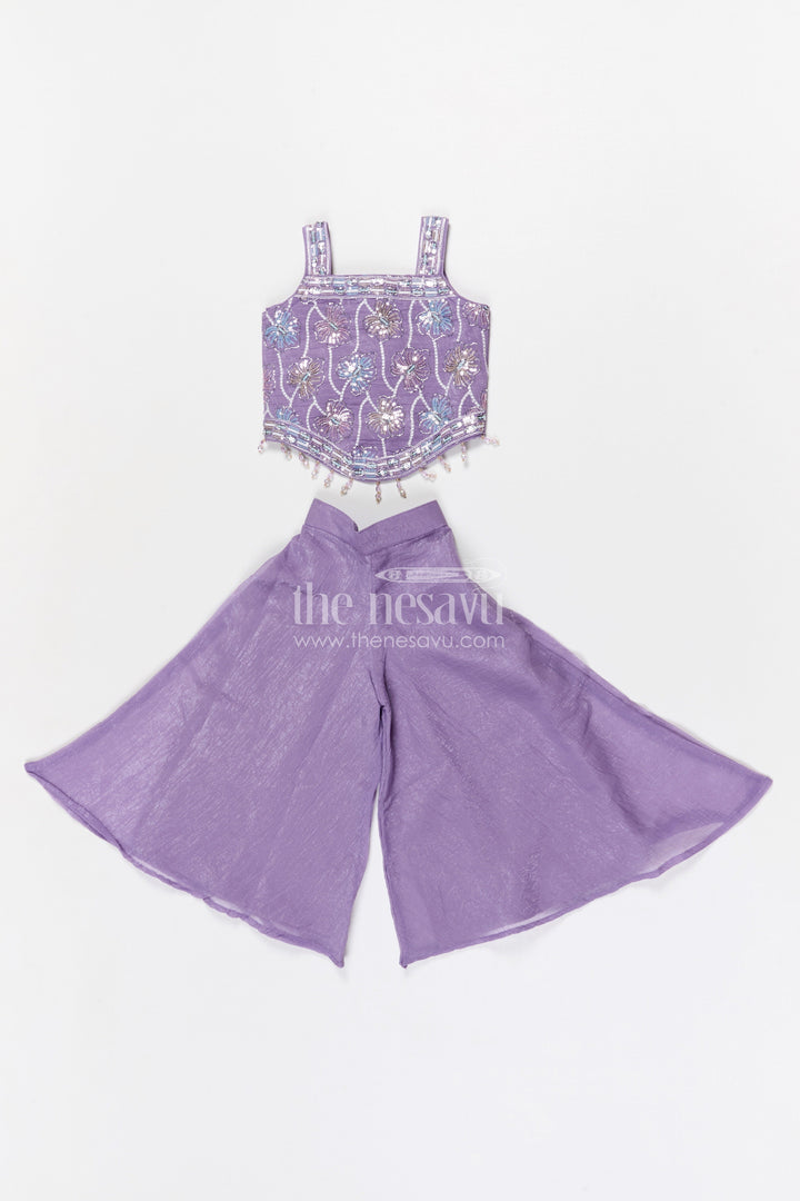 The Nesavu Girls Sharara / Plazo Set Girls Sharara Set for Festive Functions and Family Gatherings Nesavu 18 (2Y) / Purple / Organza Tissue GPS972A-18 Nesavu girls tissue organza sharara set with designer embroidery for festive wear