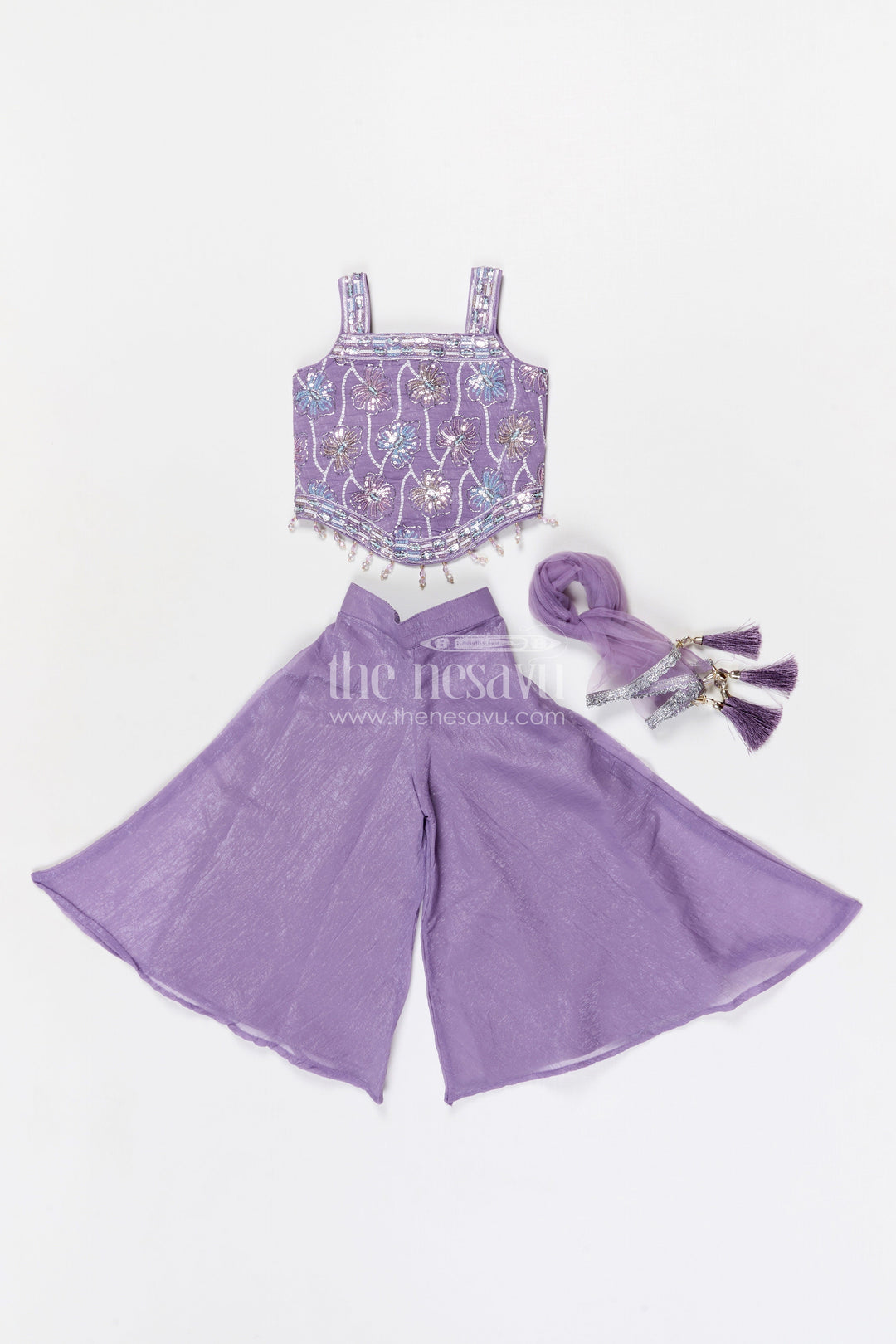 The Nesavu Girls Sharara / Plazo Set Girls Sharara Set for Festive Functions and Family Gatherings Nesavu Nesavu girls tissue organza sharara set with designer embroidery for festive wear