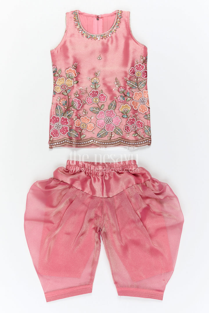 The Nesavu Girls Sharara / Plazo Set Girls Sharara Set for Festive Functions and Marriage Functions Nesavu 16 (1Y) / Pink / Tissue GPS1036A-16 Nesavu Girls Sharara Set For Festive Occasions With Tissue Silk And Embroidered Yoke Pink Outfit