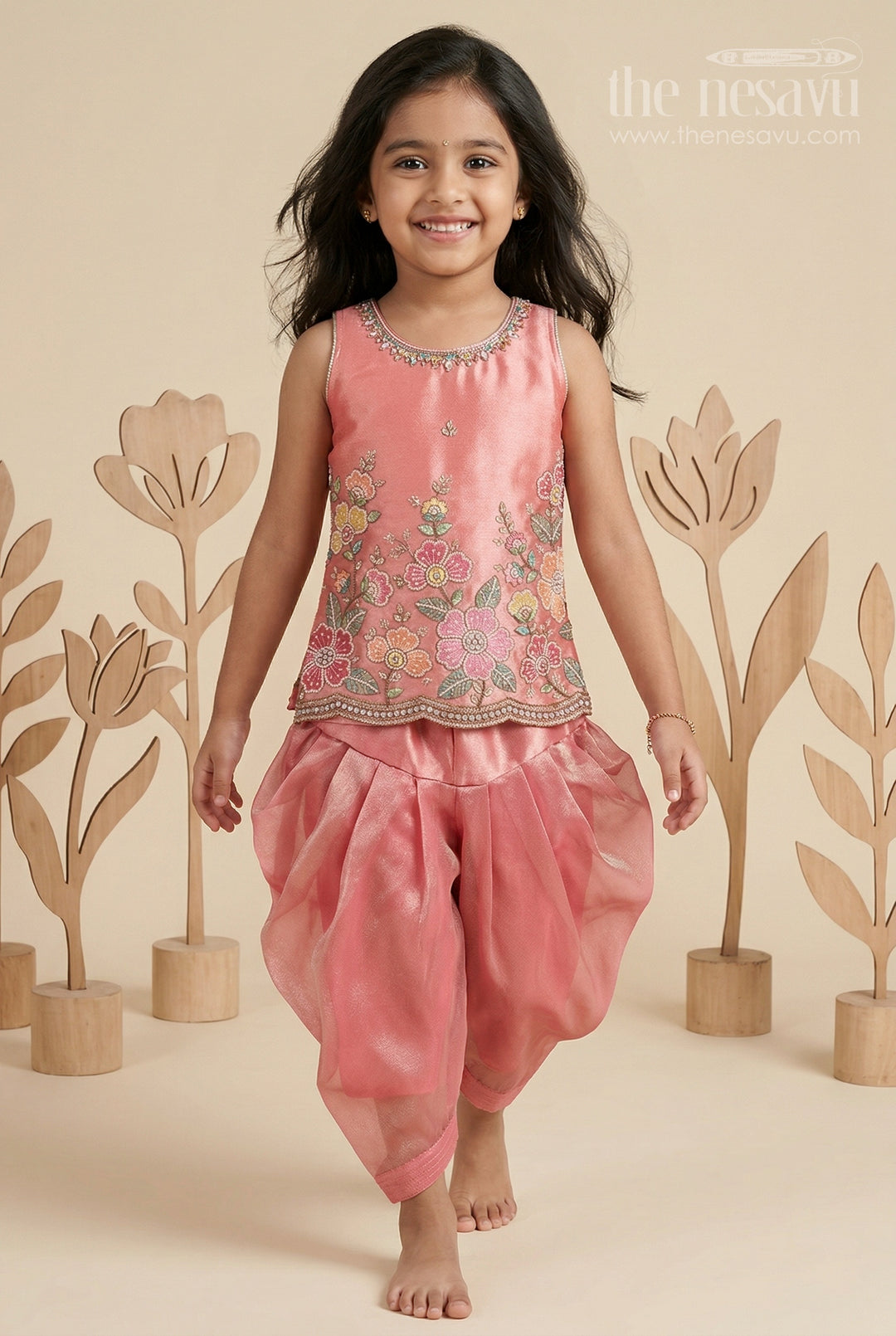 The Nesavu Girls Sharara / Plazo Set Girls Sharara Set for Festive Functions and Marriage Functions Nesavu 16 (1Y) / Pink / Tissue GPS1036A-16 Nesavu Girls Sharara Set For Festive Occasions With Tissue Silk And Embroidered Yoke Pink Outfit