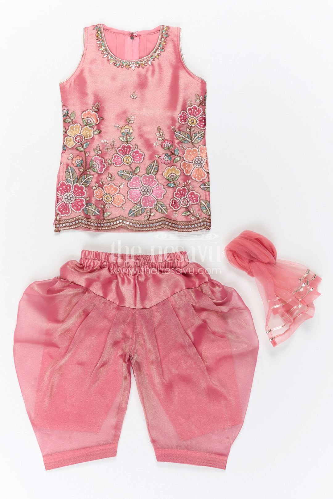 The Nesavu Girls Sharara / Plazo Set Girls Sharara Set for Festive Functions and Marriage Functions Nesavu Nesavu Girls Sharara Set For Festive Occasions With Tissue Silk And Embroidered Yoke Pink Outfit