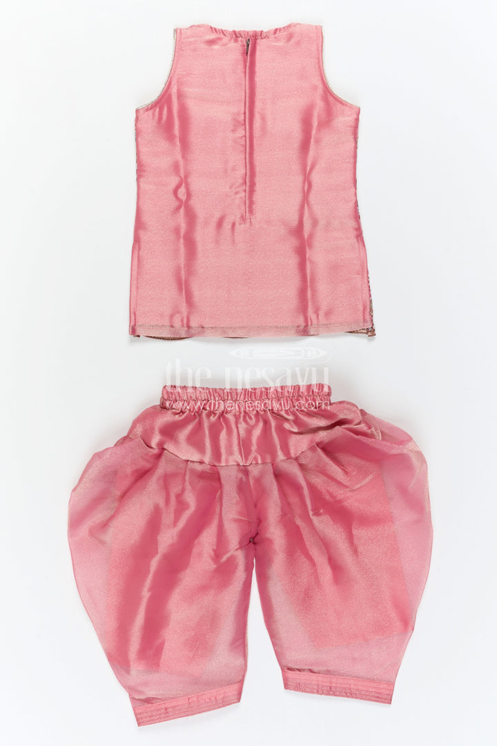 The Nesavu Girls Sharara / Plazo Set Girls Sharara Set for Festive Functions and Marriage Functions Nesavu Nesavu Girls Sharara Set For Festive Occasions With Tissue Silk And Embroidered Yoke Pink Outfit