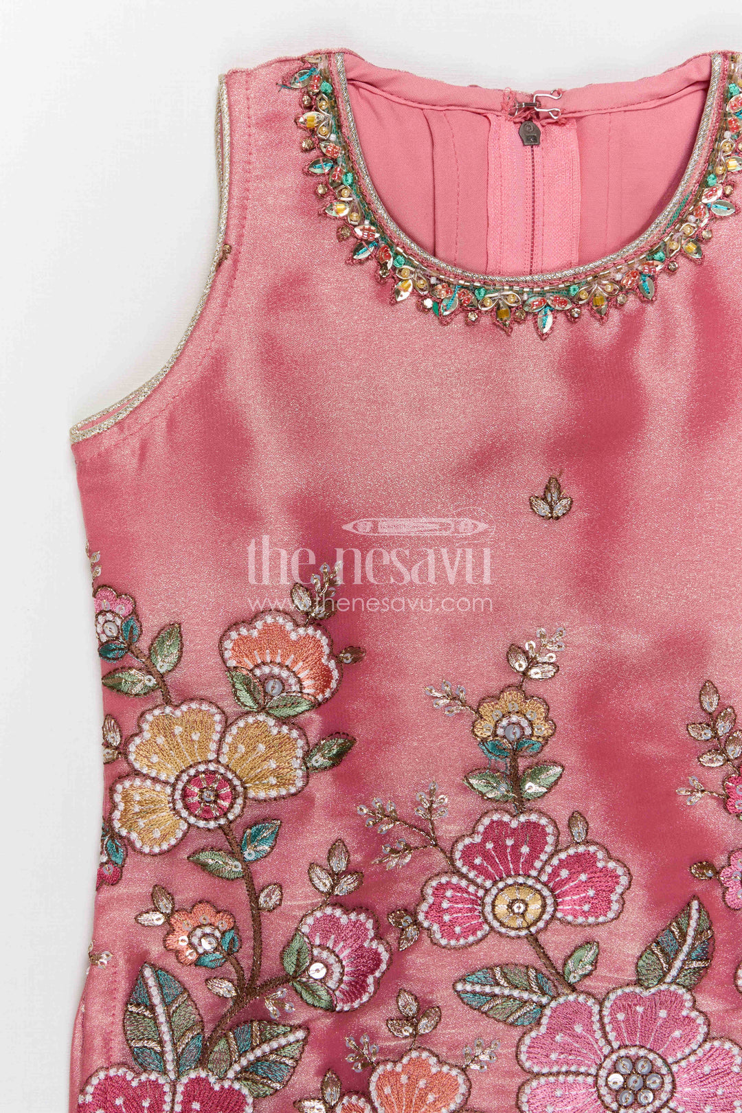 The Nesavu Girls Sharara / Plazo Set Girls Sharara Set for Festive Functions and Marriage Functions Nesavu Nesavu Girls Sharara Set For Festive Occasions With Tissue Silk And Embroidered Yoke Pink Outfit