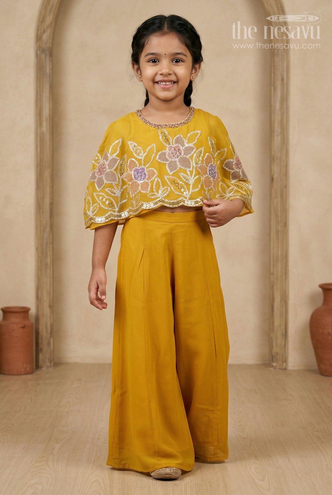 The Nesavu Girls Sharara / Plazo Set Girls Sharara Set for Festive Functions and Wedding Events Nesavu 22 (4Y) / Yellow / Georgette GPS1034A-22 Nesavu Girls Sharara Set For Festive Functions With Georgette And Sequence Embroidery Design