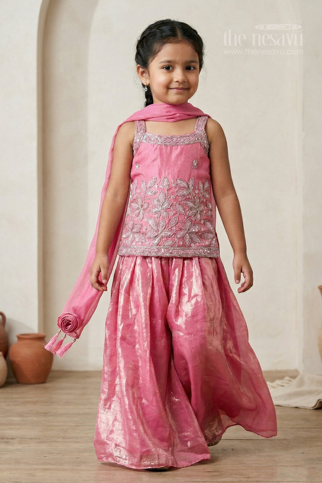 The Nesavu Girls Sharara / Plazo Set Girls Sharara Set for Festive Occasionals and Wedding Functions Nesavu 20 (3Y) / Pink / Organza GPS987B-20 Nesavu girls sharara set for festive occasions with organza fabric and designer embroidery wedding outfit
