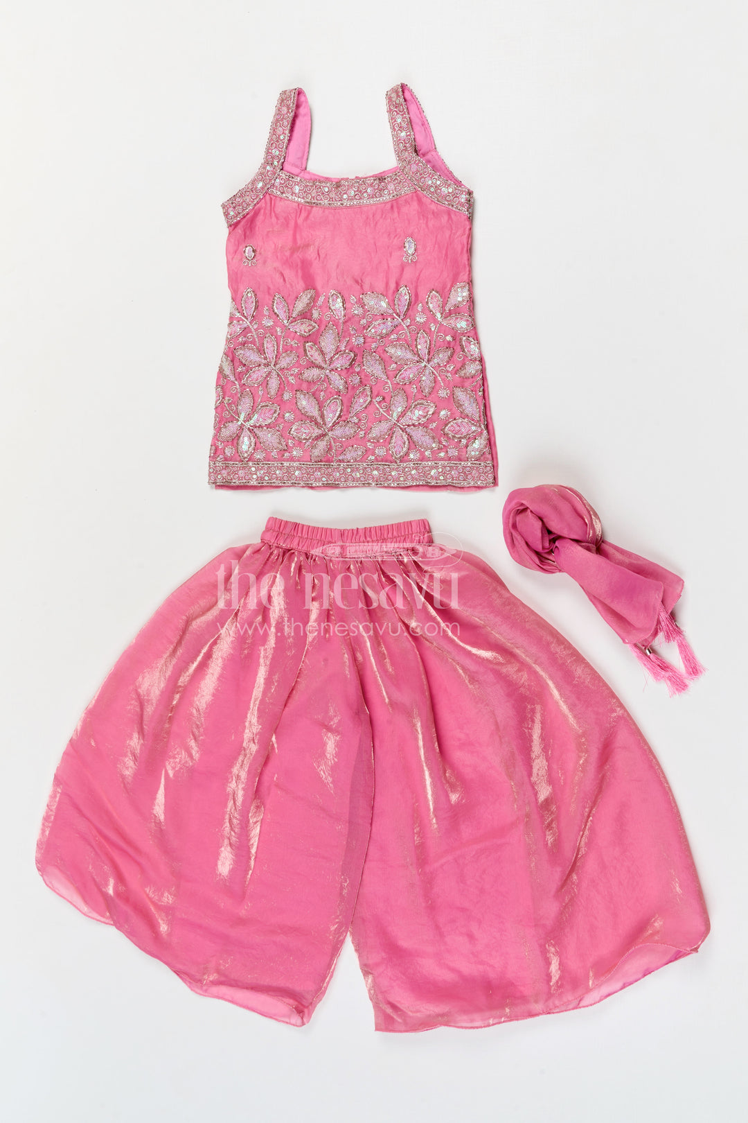 The Nesavu Girls Sharara / Plazo Set Girls Sharara Set for Festive Occasionals and Wedding Functions Nesavu Nesavu girls sharara set for festive occasions with organza fabric and designer embroidery wedding outfit