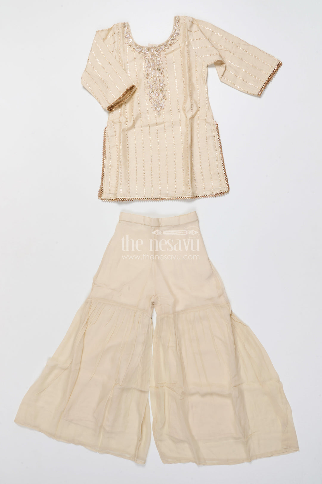 The Nesavu Girls Sharara / Plazo Set Girls Sharara Set for Festive Occasions and Cultural Events Nesavu 24 (5Y) / Cream GPS779A-24 Nesavu sharara set girls embroidered yoke festive cultural celebrations