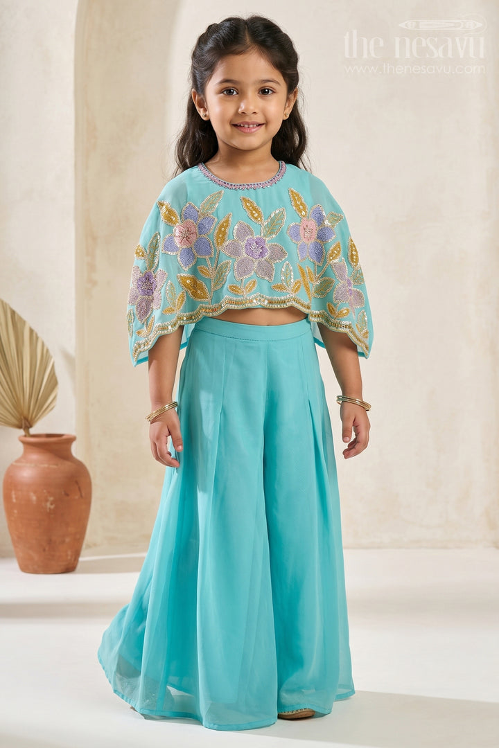 The Nesavu Girls Sharara / Plazo Set Girls Sharara Set for Festive Occasions and Ethnic Celebrations Nesavu 22 (4Y) / Turquoise / Georgette GPS1034C-22 Nesavu Girls Sharara Set With Thread Embroidery For Festive Occasions And Stylish Ethnic Wear