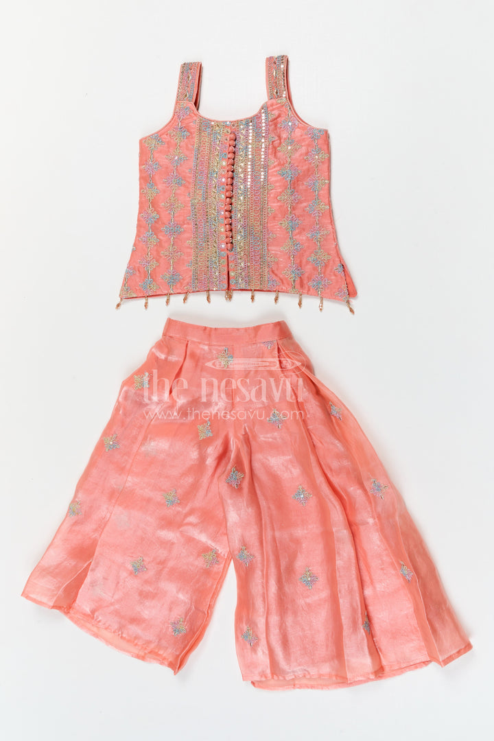 The Nesavu Girls Sharara / Plazo Set Girls Sharara Set for Festive Occasions and Traditional Celebrations Nesavu Nesavu girls viscose silk sharara set for festive occasions with designer embroidered yoke