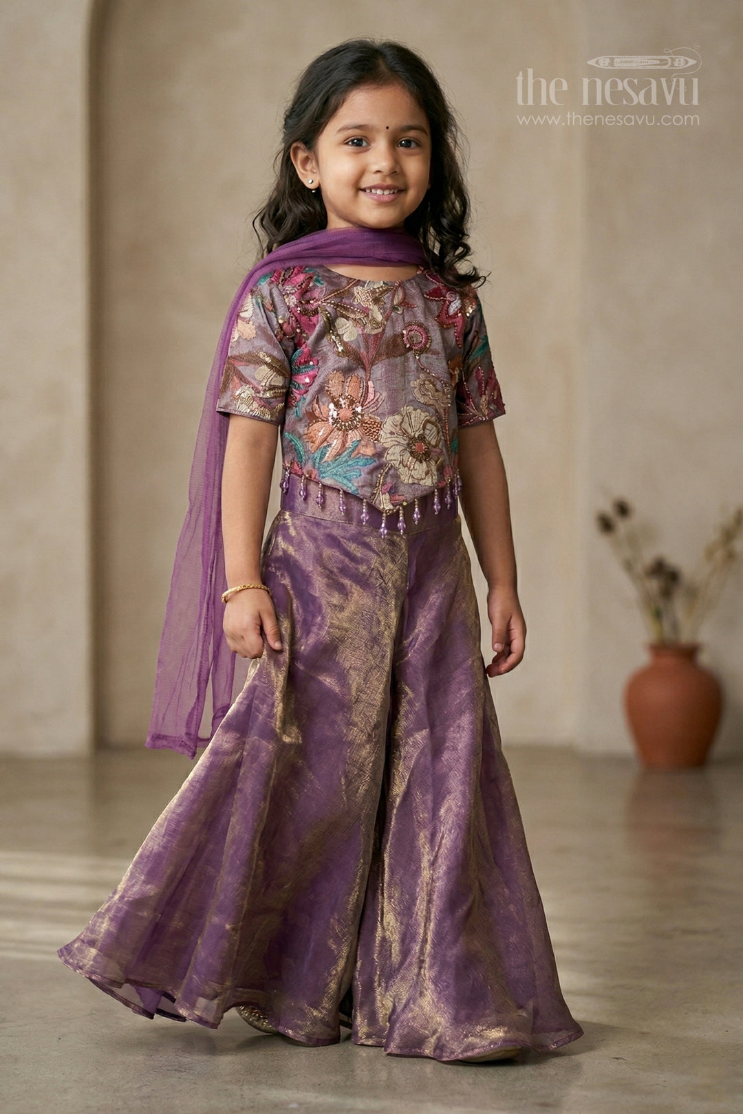The Nesavu Girls Sharara / Plazo Set Girls Sharara Set for Festive Occasions and Wedding Functions Nesavu 16 (1Y) / Purple / Viscose Silk GPS1024A-16 Nesavu girls sharara set for festive occasions with viscose silk top and tissue sharara elegant ethnic wear
