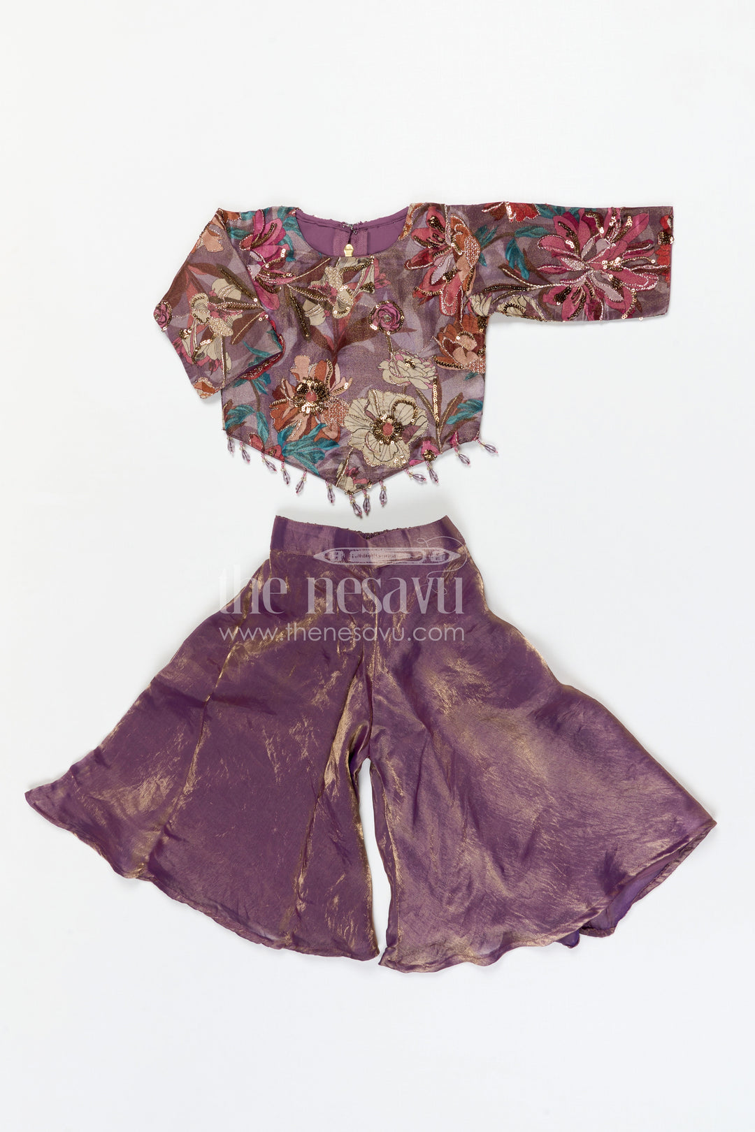 The Nesavu Girls Sharara / Plazo Set Girls Sharara Set for Festive Occasions and Wedding Functions Nesavu Nesavu girls sharara set for festive occasions with viscose silk top and tissue sharara elegant ethnic wear