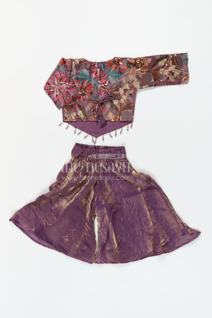 The Nesavu Girls Sharara / Plazo Set Girls Sharara Set for Festive Occasions and Wedding Functions Nesavu Nesavu girls sharara set for festive occasions with viscose silk top and tissue sharara elegant ethnic wear