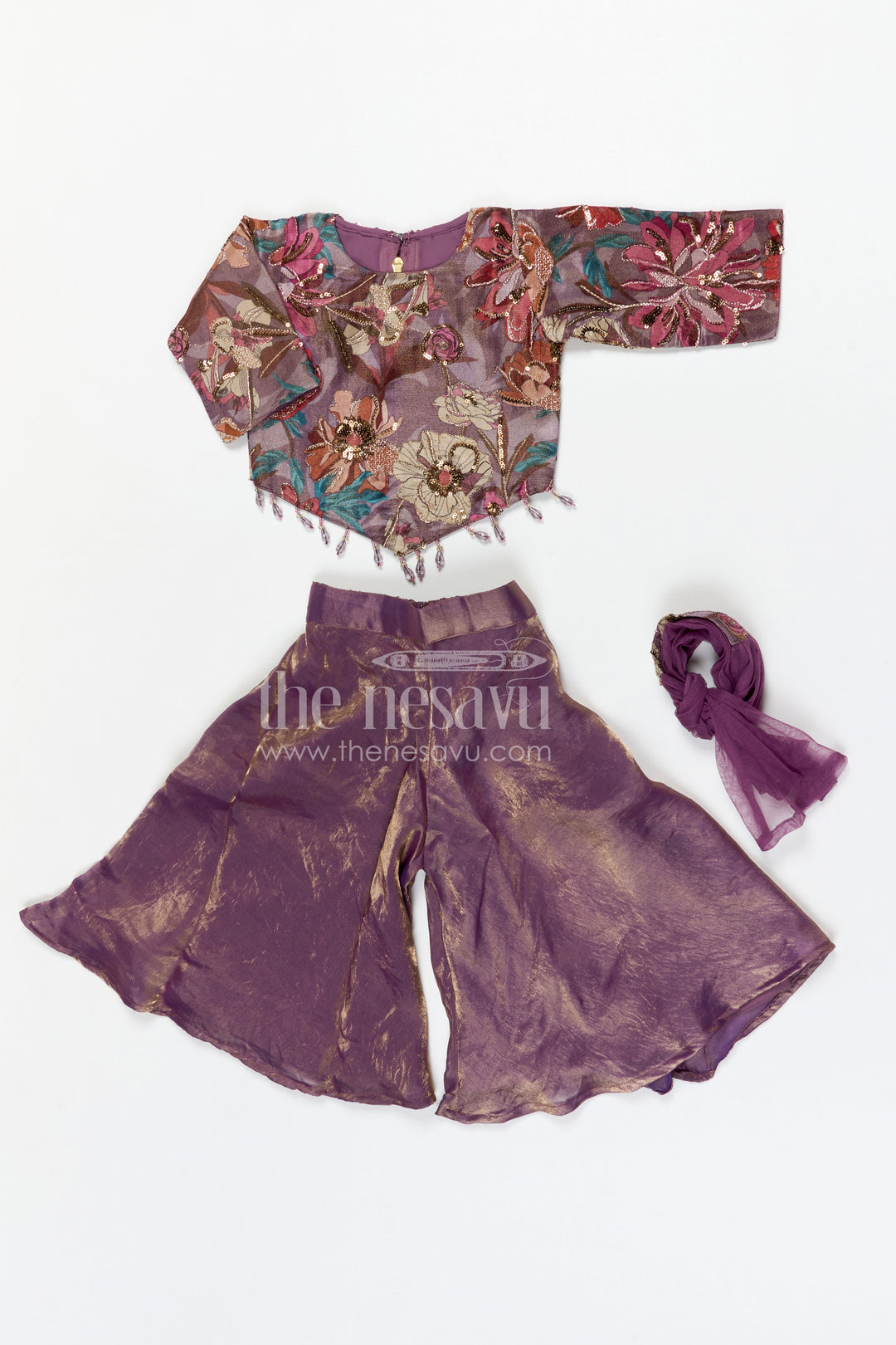 The Nesavu Girls Sharara / Plazo Set Girls Sharara Set for Festive Occasions and Wedding Functions Nesavu Nesavu girls sharara set for festive occasions with viscose silk top and tissue sharara elegant ethnic wear