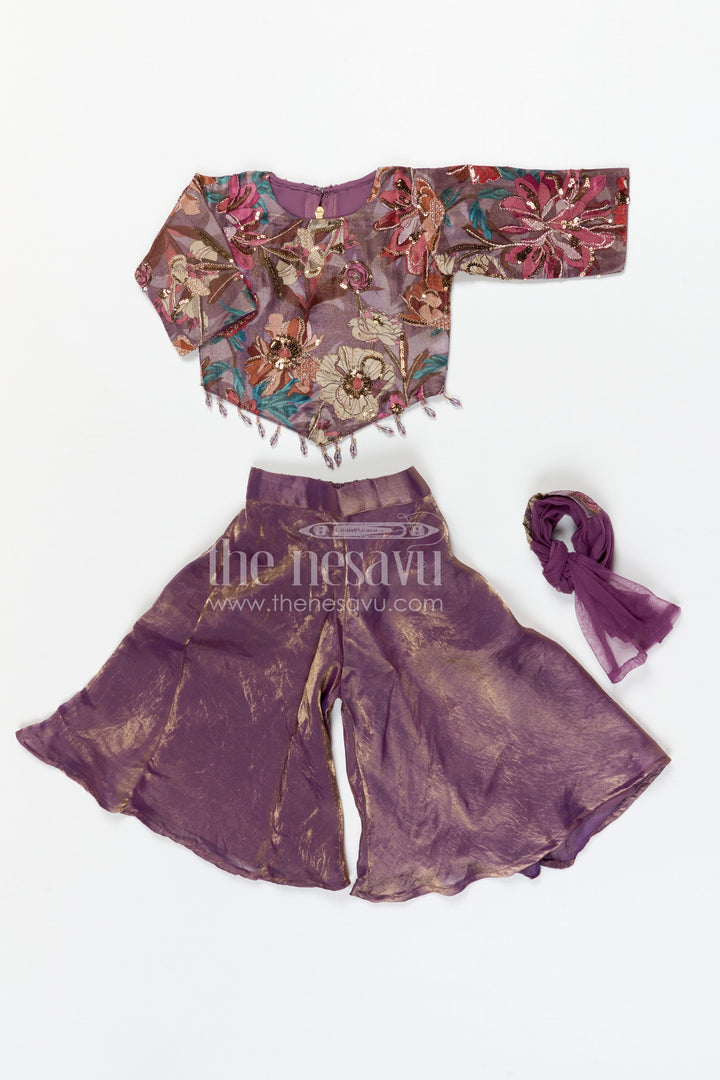 The Nesavu Girls Sharara / Plazo Set Girls Sharara Set for Festive Occasions and Wedding Functions Nesavu Nesavu girls sharara set for festive occasions with viscose silk top and tissue sharara elegant ethnic wear