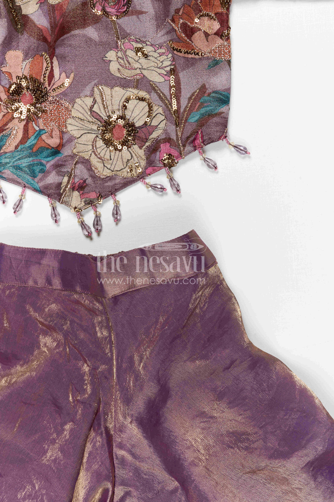 The Nesavu Girls Sharara / Plazo Set Girls Sharara Set for Festive Occasions and Wedding Functions Nesavu Nesavu girls sharara set for festive occasions with viscose silk top and tissue sharara elegant ethnic wear