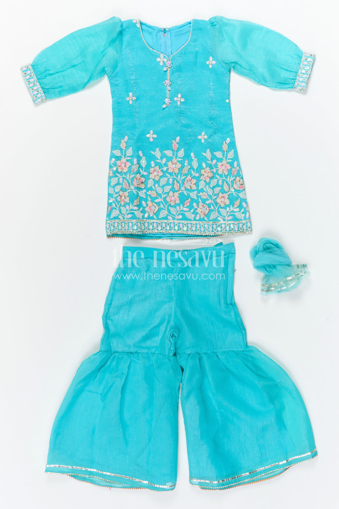 The Nesavu Girls Sharara / Plazo Set Girls Sharara Set for Festive Occasions and Wedding Wear Nesavu Nesavu Girls Sharara Set For Weddings In Georgette With Embroidered Yoke Turquoise Festive Outfit