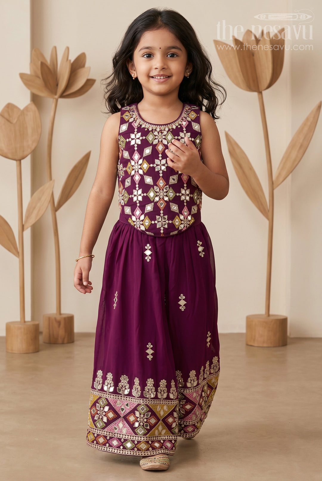 The Nesavu Girls Sharara / Plazo Set Girls Sharara Set for Festive Occasions and Weddings Nesavu 16 (1Y) / Maroon / Georgette GPS1055B-16 Nesavu Girls Sharara Set Georgette With Designer Embroidery Yoke For Weddings And Festive Wear