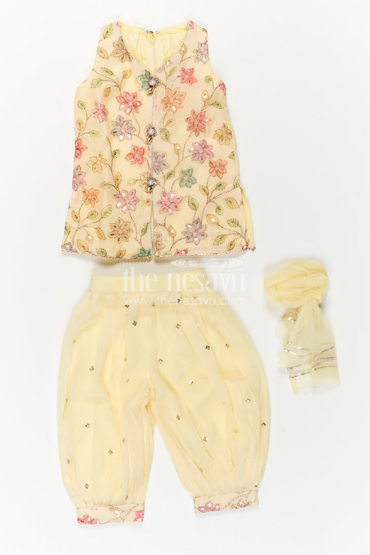 The Nesavu Girls Sharara / Plazo Set Girls Sharara Set for Festive Outings and Daytime Functions Nesavu Nesavu Girls Sharara Set For Festive Outings With Georgette And Sequin Embroidery Yoke Design