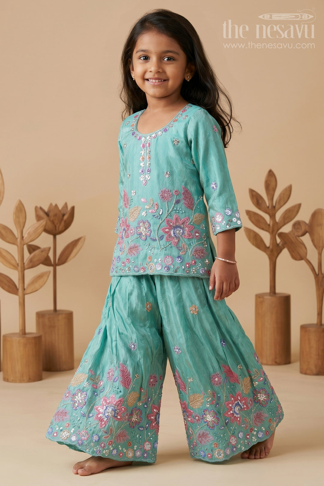 The Nesavu Girls Sharara / Plazo Set Girls Sharara Set for Festive Parties and Wedding Functions Nesavu 18 (2Y) / Turquoise / Viscose GPS1054A-18 Nesavu Girls Sharara Set For Festive Parties And Weddings With Designer Embroidery Viscose Silk Outfit