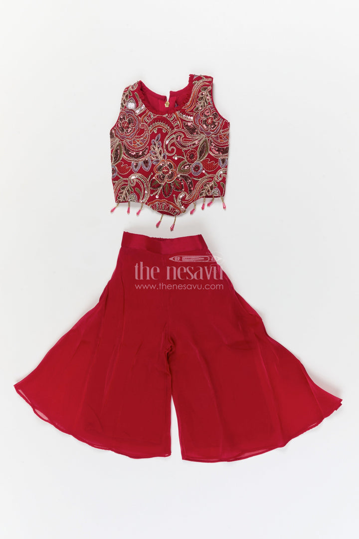 The Nesavu Girls Sharara / Plazo Set Girls Sharara Set for Festive Performances and Wedding Receptions Nesavu 16 (1Y) / Red / Organza GPS943B-16 Nesavu girls festive sharara set with organza flare and embroidered blouse for weddings